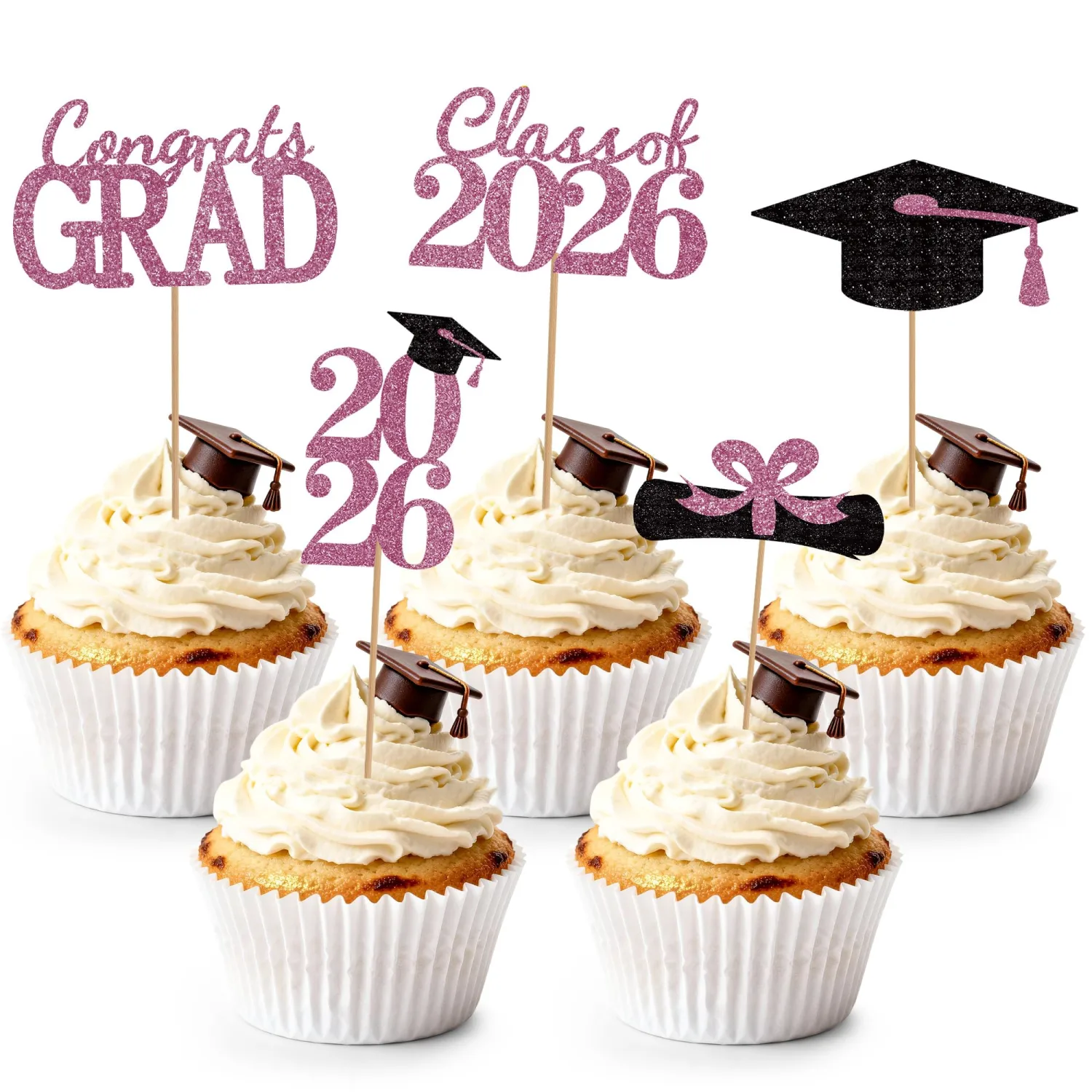 Graduation Cupcake Toppers 2026 Graduation Decorations,Congrats Grad Cake Topper Black And Pink Graduation Decorations 2026 Glittery Cap And Diploma Cake Picks For Grad Party Decor Supplies, 25 Pcs
