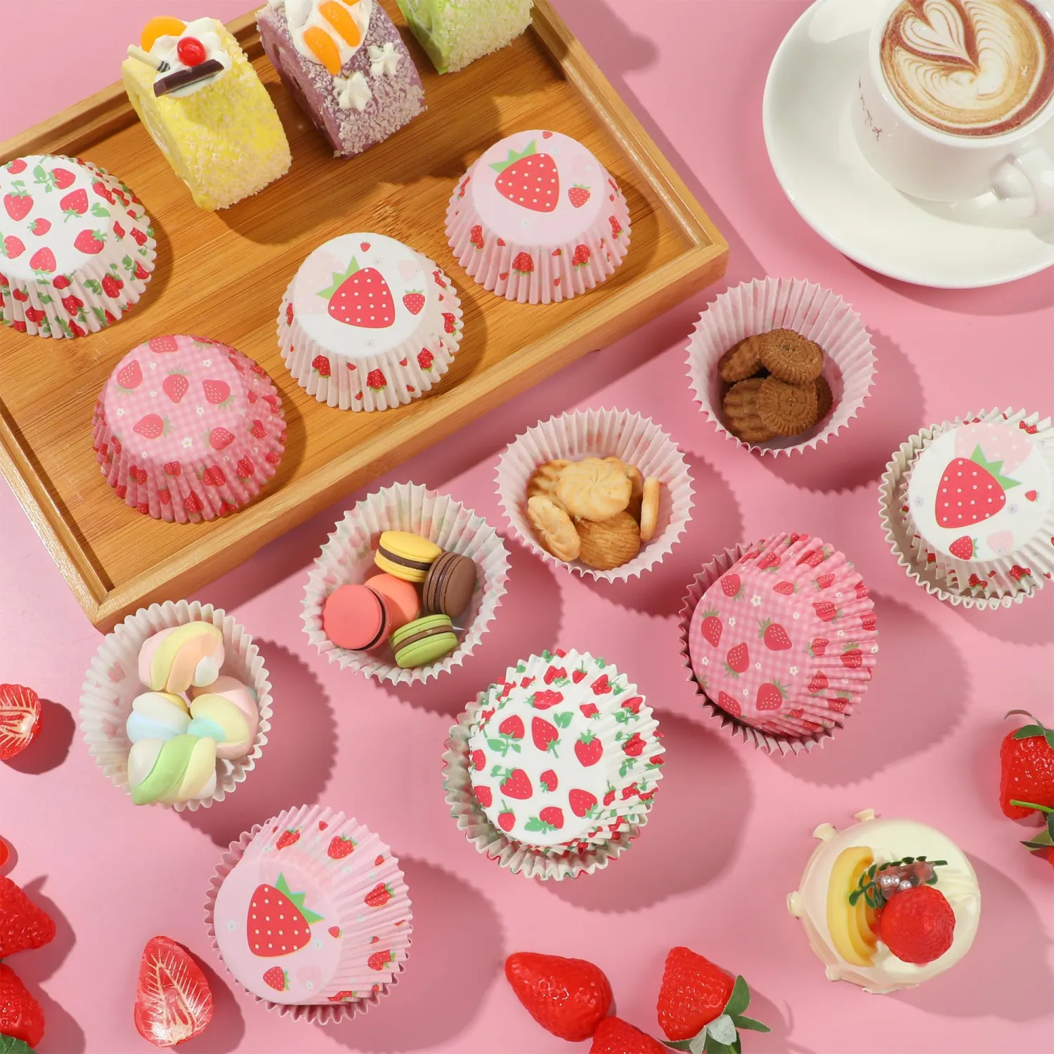 Strawberry Cupcake Liners,100PCS Strawberry Printing Paper Baking Cup Standard Muffin Cupcake Wrapper for Wedding Bridal Baby Shower Summer Sweet Fruit Berry Themed Birthday Party Cake Decor
