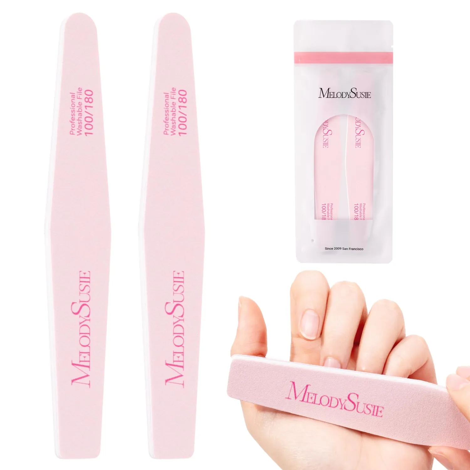 MelodySusie Nail File Kit, 2Pcs Double Sided 100/180 Grit Diamond Shape Emery Boards for Nails, Professional Nail Art Manicure Pedicure Supplies for Home and Salon Use, Mothers Day Gifts, Pink