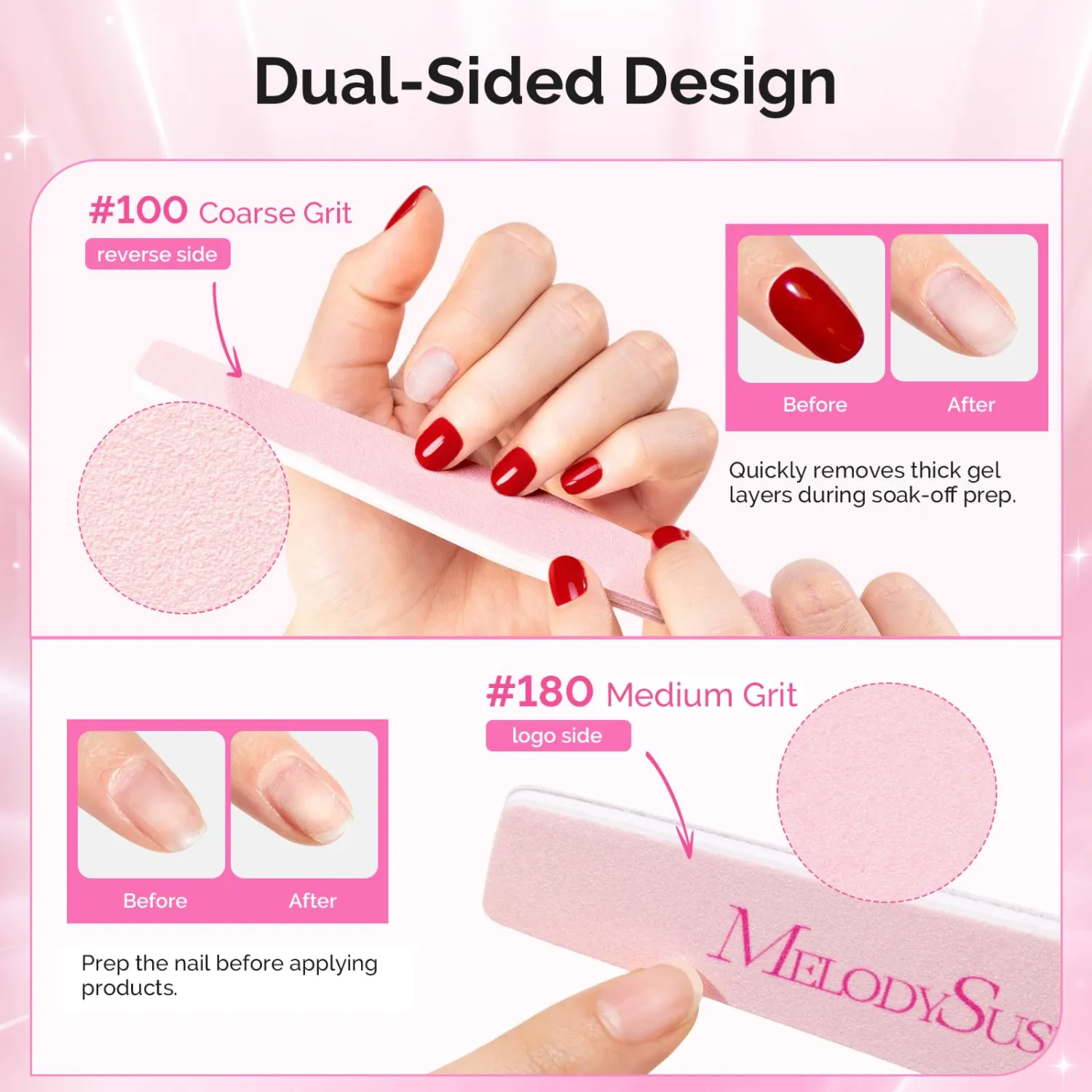 MelodySusie 4Pcs Professional Nail Files 100/180 Grit, Double Sided Emery Boards for Acrylic, Gel and Natural Nails, Manicure Pedicure Shaping Tools for Home Salon, Pink & Purple