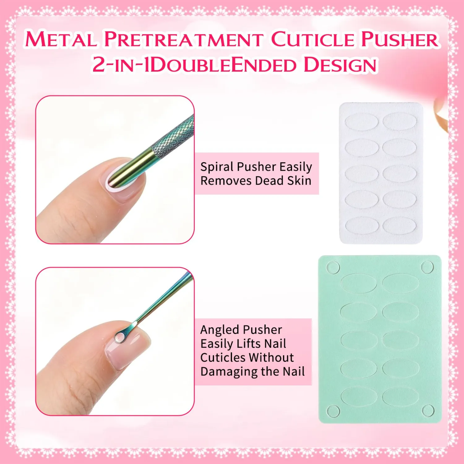 Dual Ended Cuticle Pusher, Stainless Steel Cuticle Remover Pre-treatment Cuticles Scraper Cuticles Nail Tool with Cover 240 Grit 100 Grit Nail Files Nails Dirt Cleaner Tool for Salon Home Use