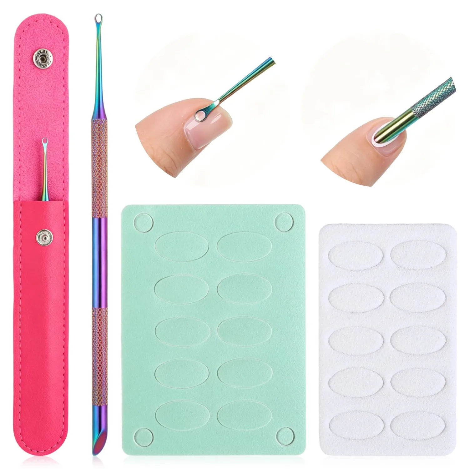 Dual Ended Cuticle Pusher, Stainless Steel Cuticle Remover Pre-treatment Cuticles Scraper Cuticles Nail Tool with Cover 240 Grit 100 Grit Nail Files Nails Dirt Cleaner Tool for Salon Home Use