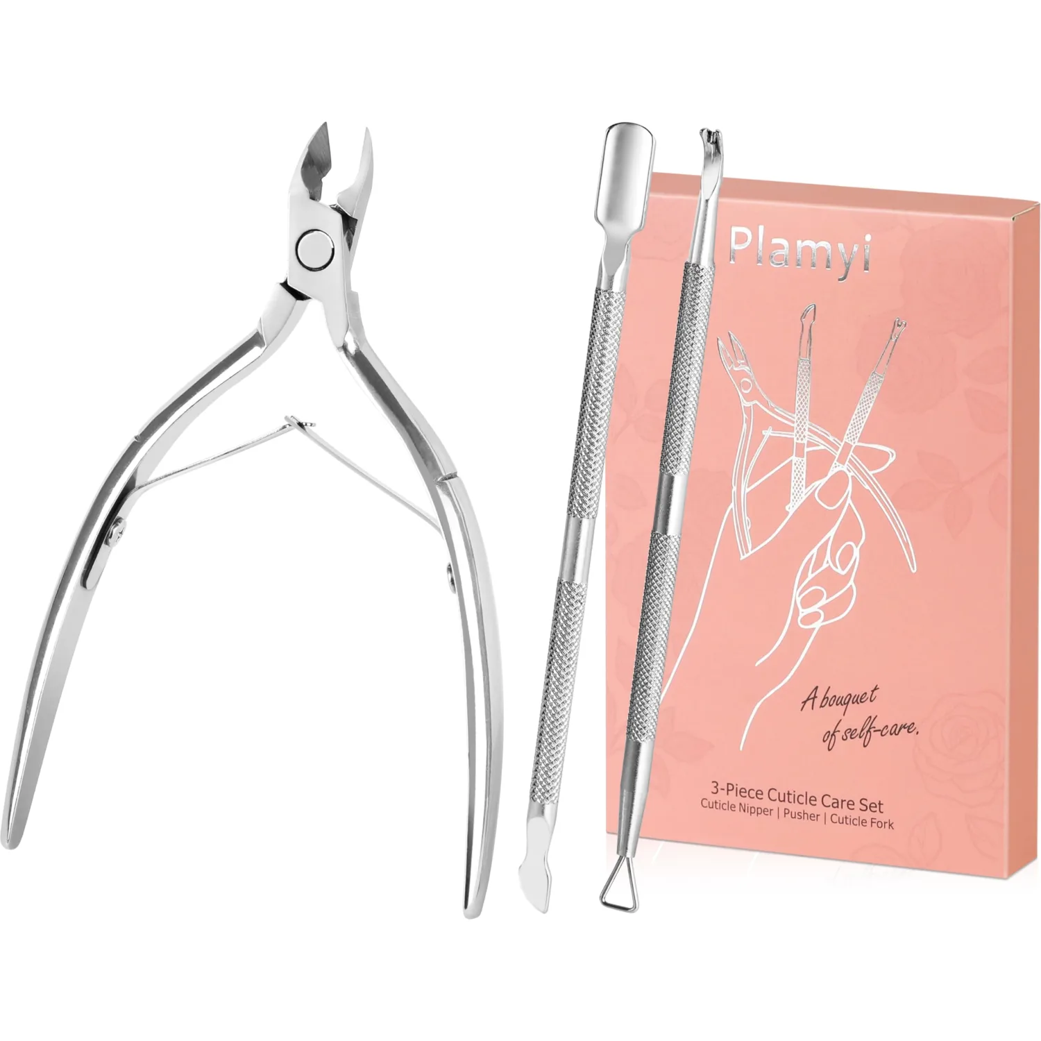 Cuticle Trimmer and Pusher Set - Stainless Steel Cuticle Nippers with 1/2 Jaw, Dual-Ended Cuticle Pusher and Fork - Professional Style Manicure Pedicure Tools for Home and Salon Use