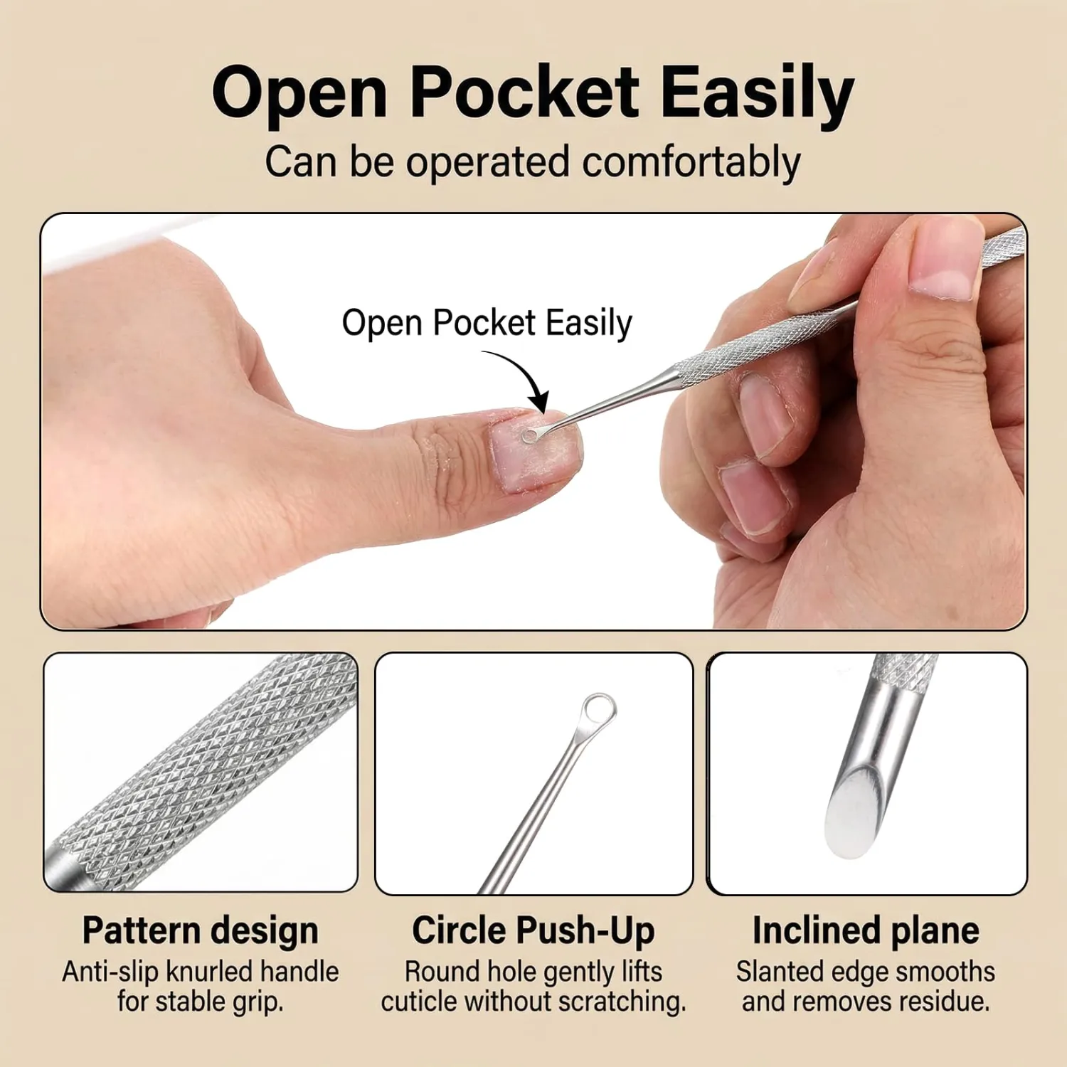 Loop Cuticle Pusher, Stainless Steel Cuticle Scraper Tool, Dual Ended Cuticles Pusher Set for Nail Removing, Home