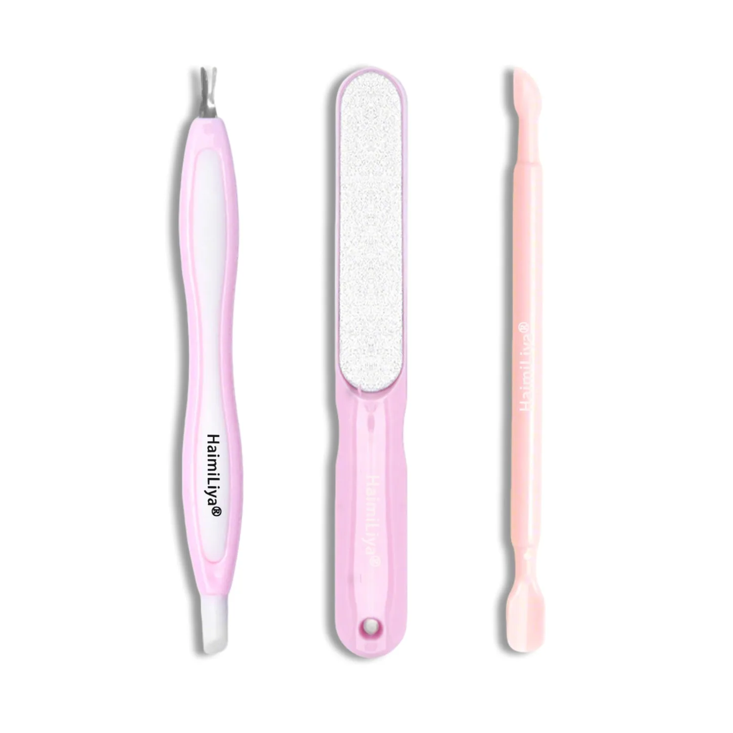 Classic 3Pcs Manicure Set, Gentle Plastic Pusher, Double-ended Cuticle Fork, Sandpaper File, At-Home Mani Essential, Pink