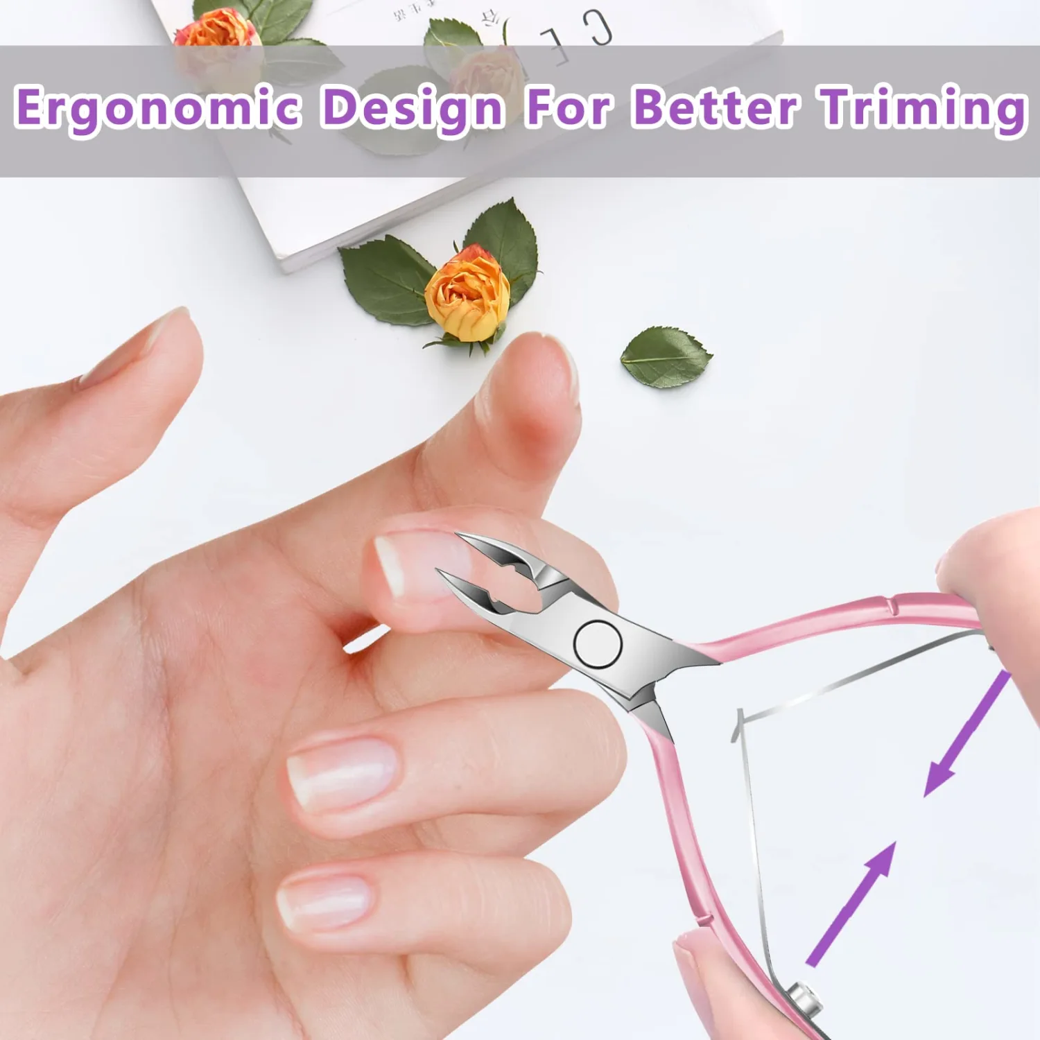 Cuticle Trimmer with Cuticle Pusher and Scissors, Cuticle Remover Professional Durable Pedicure Manicure Tools, Stainless Steel Cuticle Nipper Cutter Clipper (Pink Pusher)