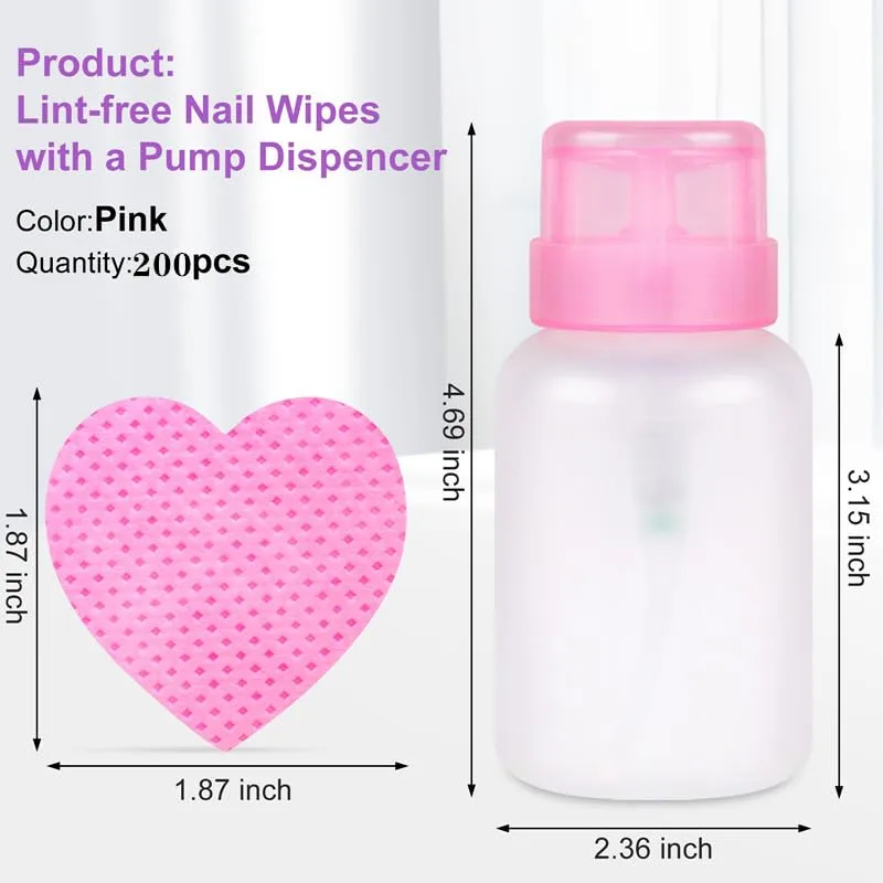 200pcs Lint Free Nail Wipes, 1 Pull-Off Pump-Style Bottle，Nail Cleaning Pads, for Cleaning Nails for Manicures, Mascara Extension Glue Cleaning Wipes, and Nail Care Product Sets (Pink)