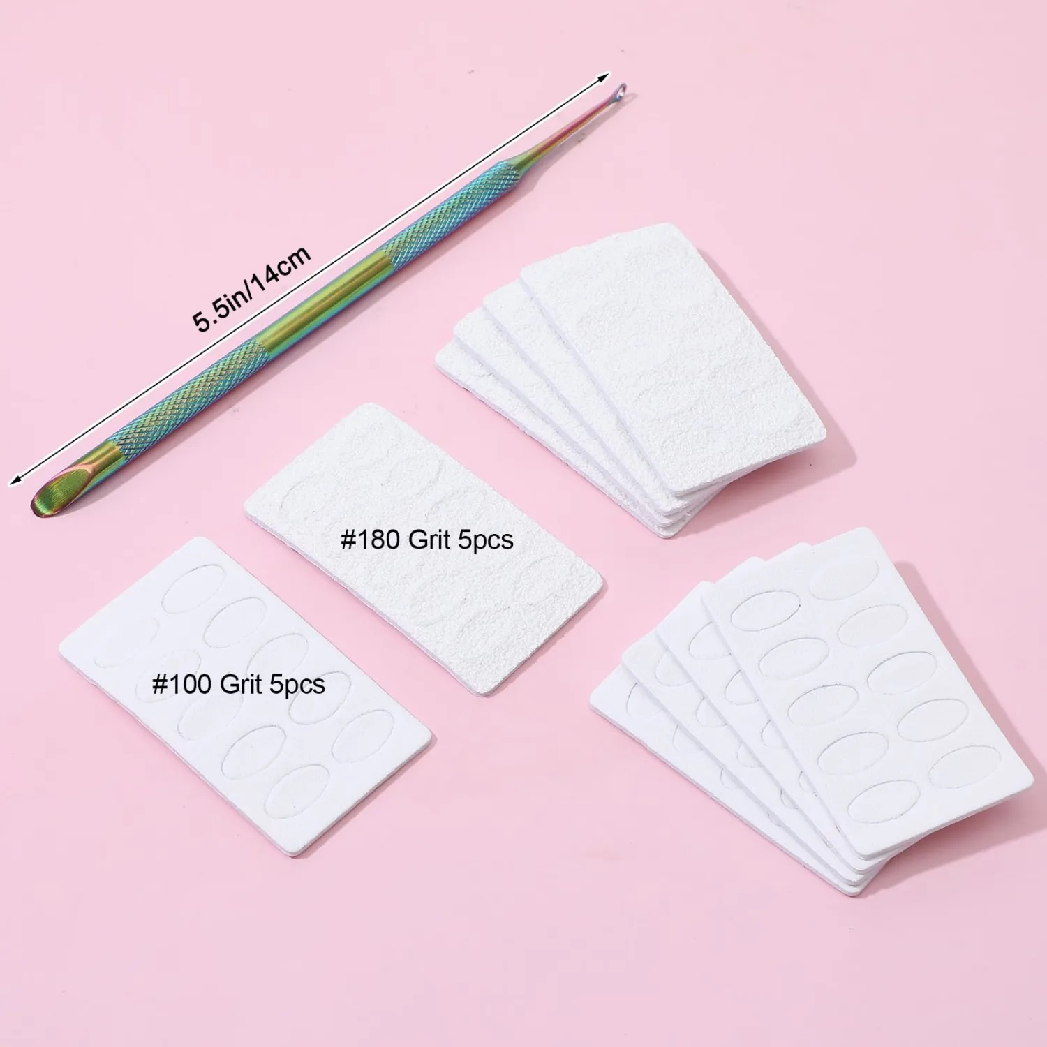 Dual Ended Nail Cuticle Pusher, 100/180 Grit Sandpaper Sheets Cuticle File Stainless Steel Nail Pusher Russian Prep Nails Pushers Self-Adhesive Sandpaper for Manicure Pedicure Nails Art Care Tools