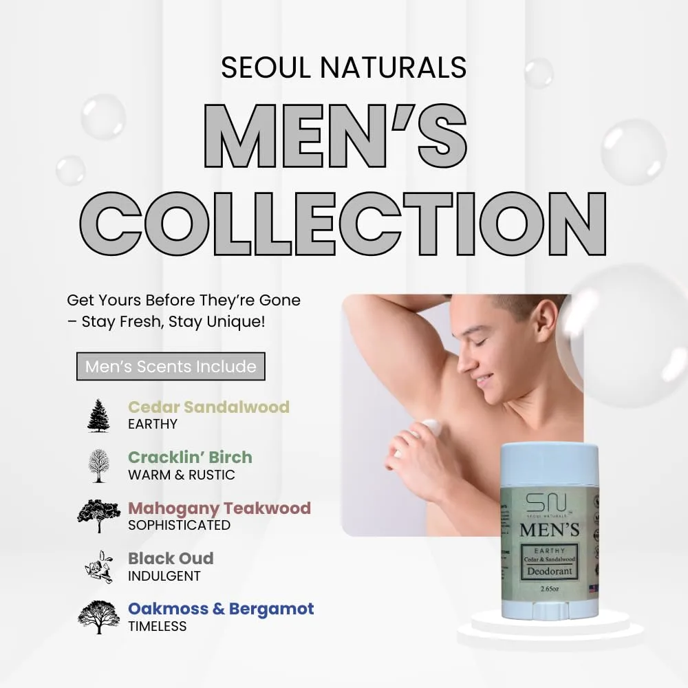 Seoul Naturals Men's Deodorant, Earthy Cedarwood and Sandalwood, k beauty, 2.65 oz