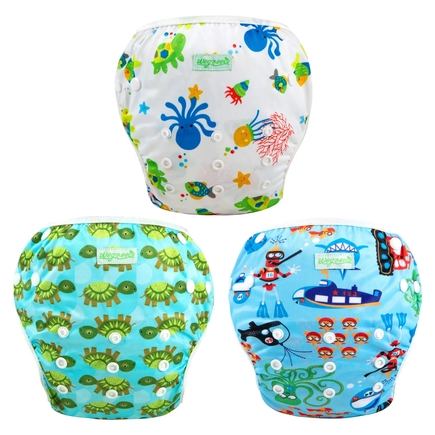 wegreeco Reusable Swim Diapers,Baby & Toddler Snap One Size Adjustable Reusable Baby Swim Diaper (Diving, Ocean, Turtle, Large, 3 Pack)