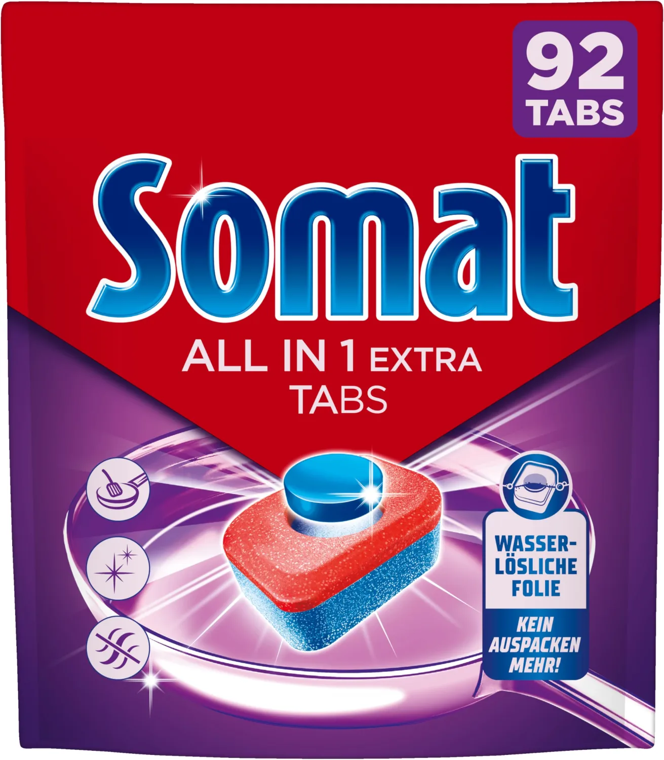 Somat All in 1 Extra Dishwasher Tablets (92 AW), Dishwasher Tablets for Radiantly Clean Dishes, Even in Low Temperature, Short & Eco Programs, Removes Crusted Items, Provides Brilliant Shine