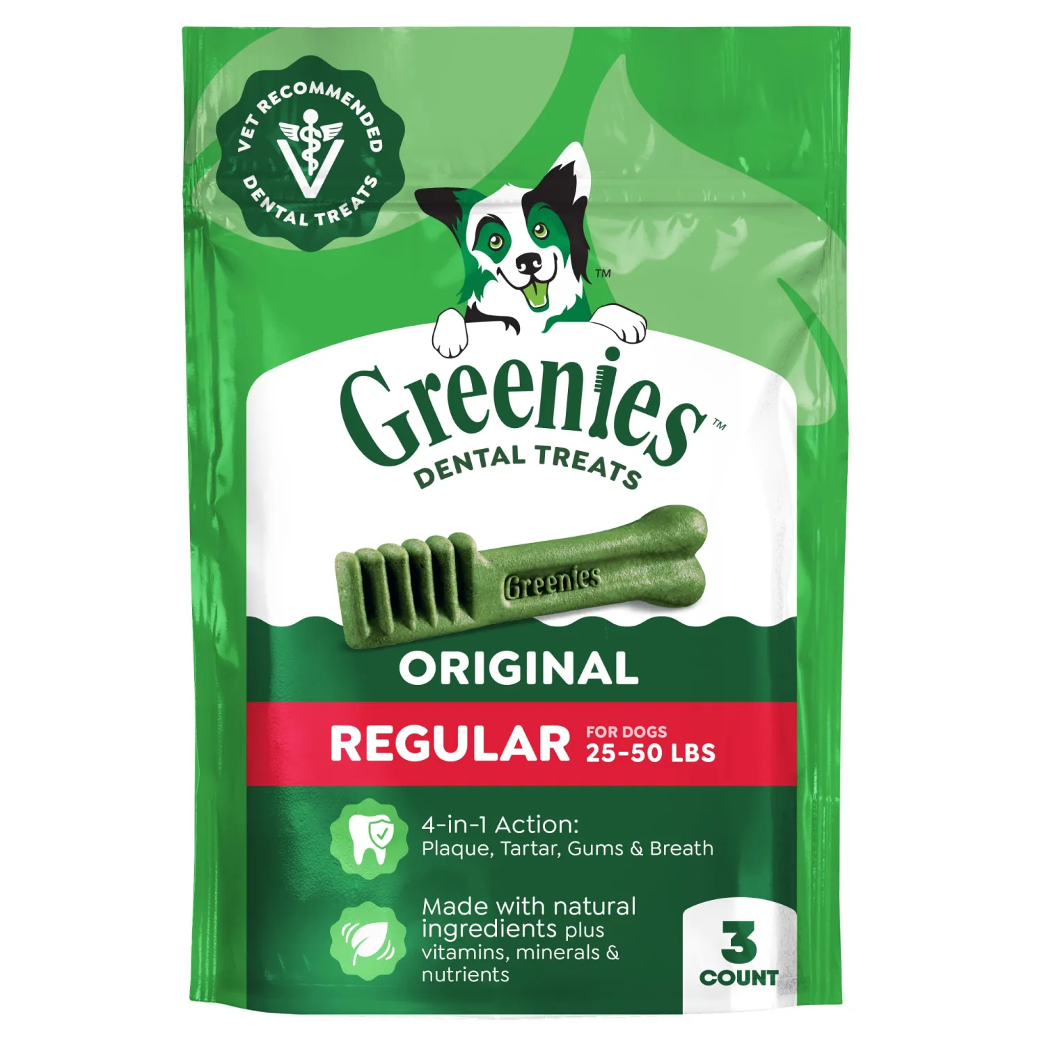 Greenies Veterinarian-Recommended Adult Natural Dental Dog Treats Regular Size, Dog Dental Chews, Original Flavor, 3 oz. Pack, 3 Count