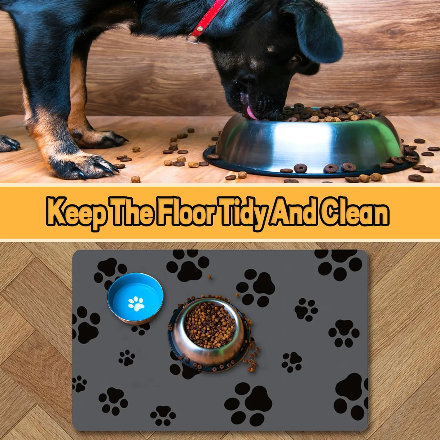 Pet Feeding Mat-Cat Dog Mat for Food and Water Bowl, Absorbent Quick Dry Food Mat Anti-Slip No Stains Dog Placemat with Footprints for Messy Drinkers,12"x20"Dark Grey