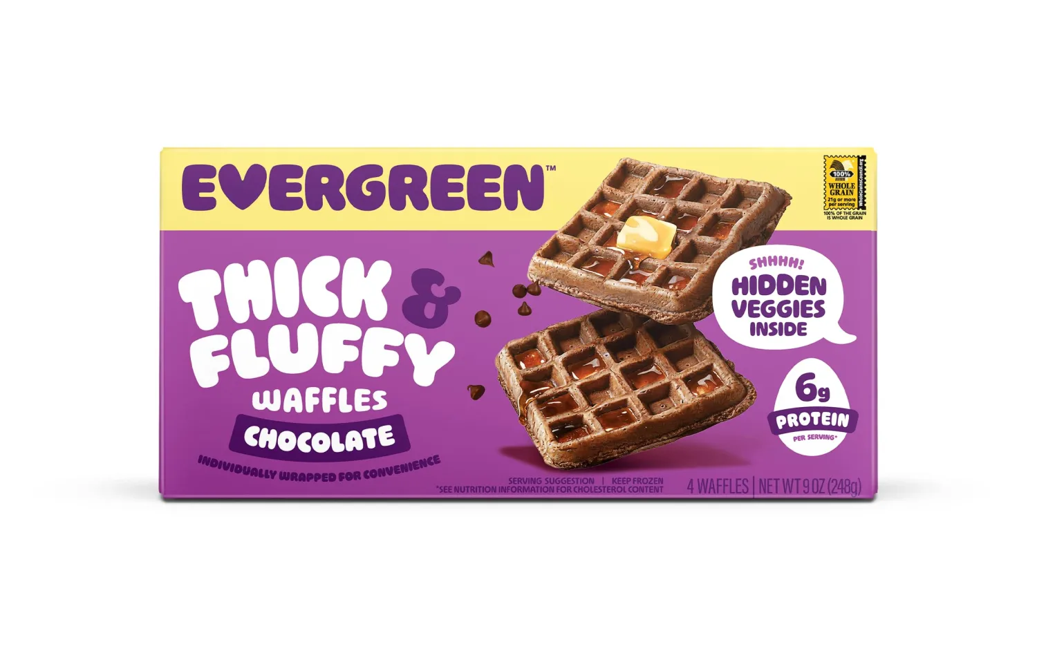 Evergreen Thick & Fluffy Waffles, Chocolate - Whole Grains, No Preservatives, Nut-Free, Individually Wrapped, Air Fryer Ready, Frozen Breakfast, 9 oz
