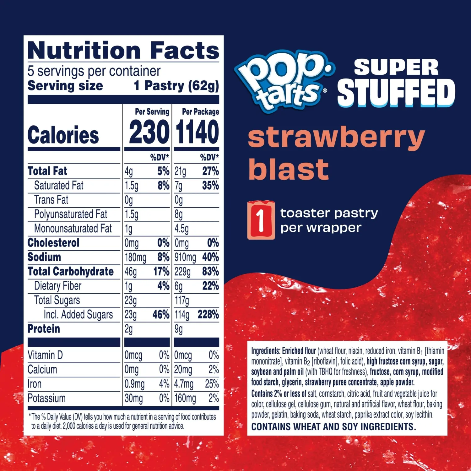 Pop-Tarts Super Stuffed Strawberry Blast Toaster Pastries, 50% More Filling, Snacks, Dessert (5 Ct)