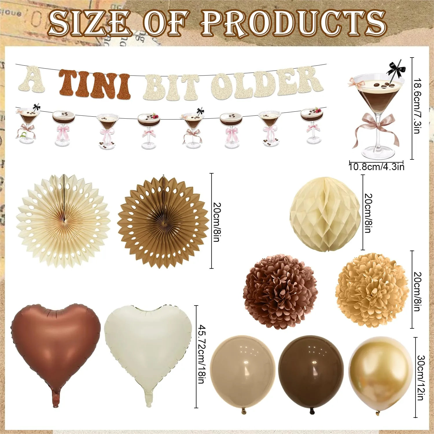 a Tini Bit Older Birthday Decorations - 30PCS Brown a Tini Bit Older Party Banners Balloons Paper Fans Pompoms Honeycomb Centerpieces, Martini Espresso Birthday Decor Supplies for Women