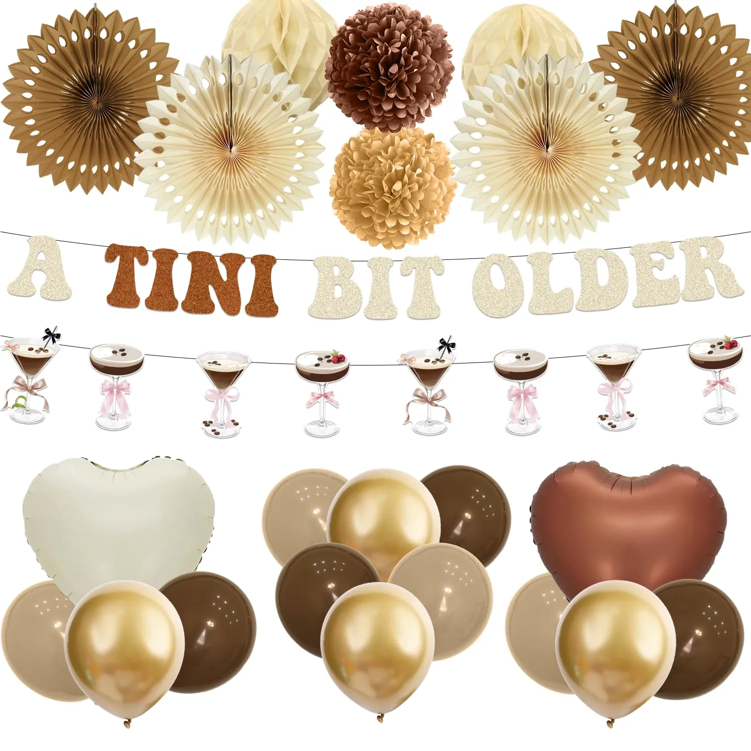 a Tini Bit Older Birthday Decorations - 30PCS Brown a Tini Bit Older Party Banners Balloons Paper Fans Pompoms Honeycomb Centerpieces, Martini Espresso Birthday Decor Supplies for Women
