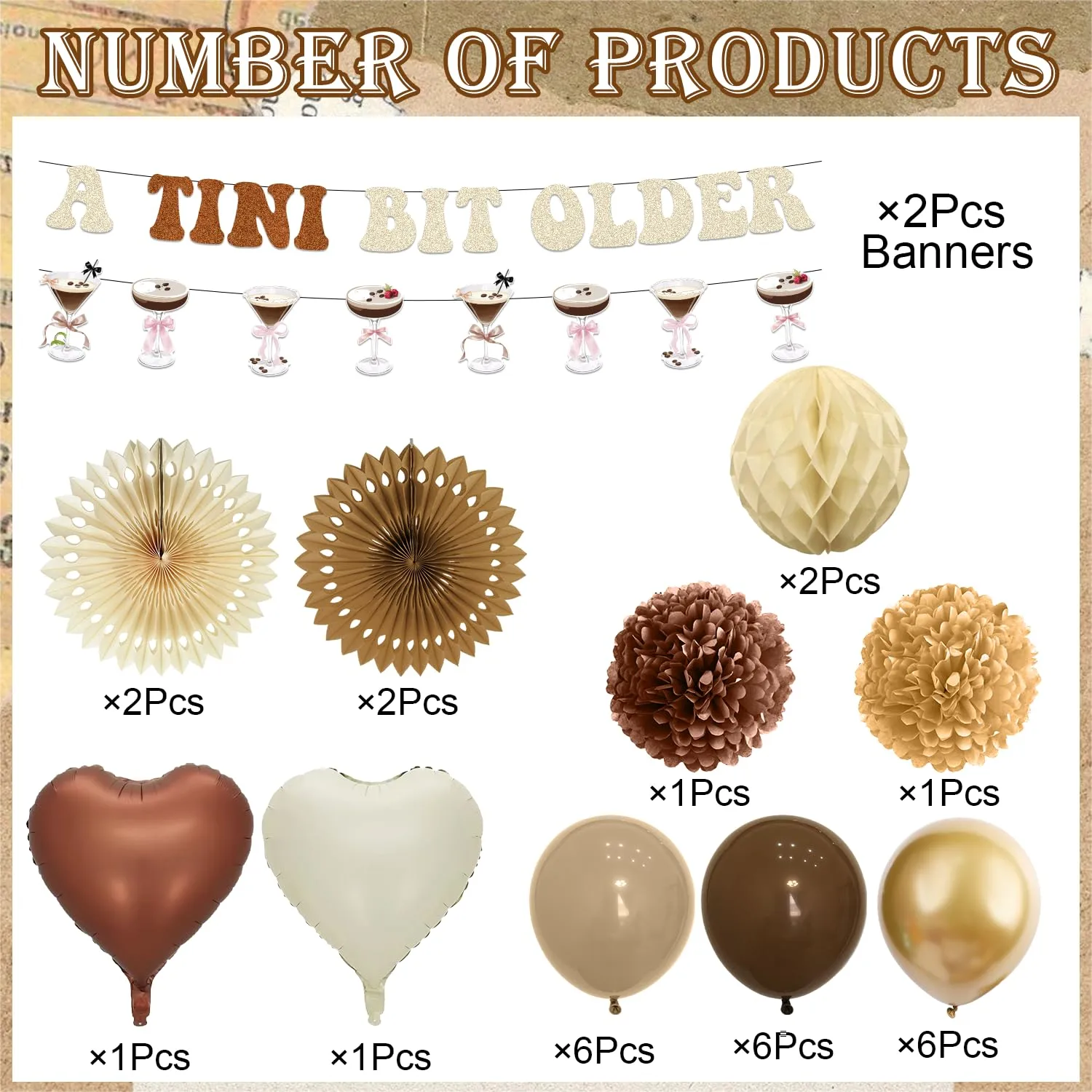 a Tini Bit Older Birthday Decorations - 30PCS Brown a Tini Bit Older Party Banners Balloons Paper Fans Pompoms Honeycomb Centerpieces, Martini Espresso Birthday Decor Supplies for Women