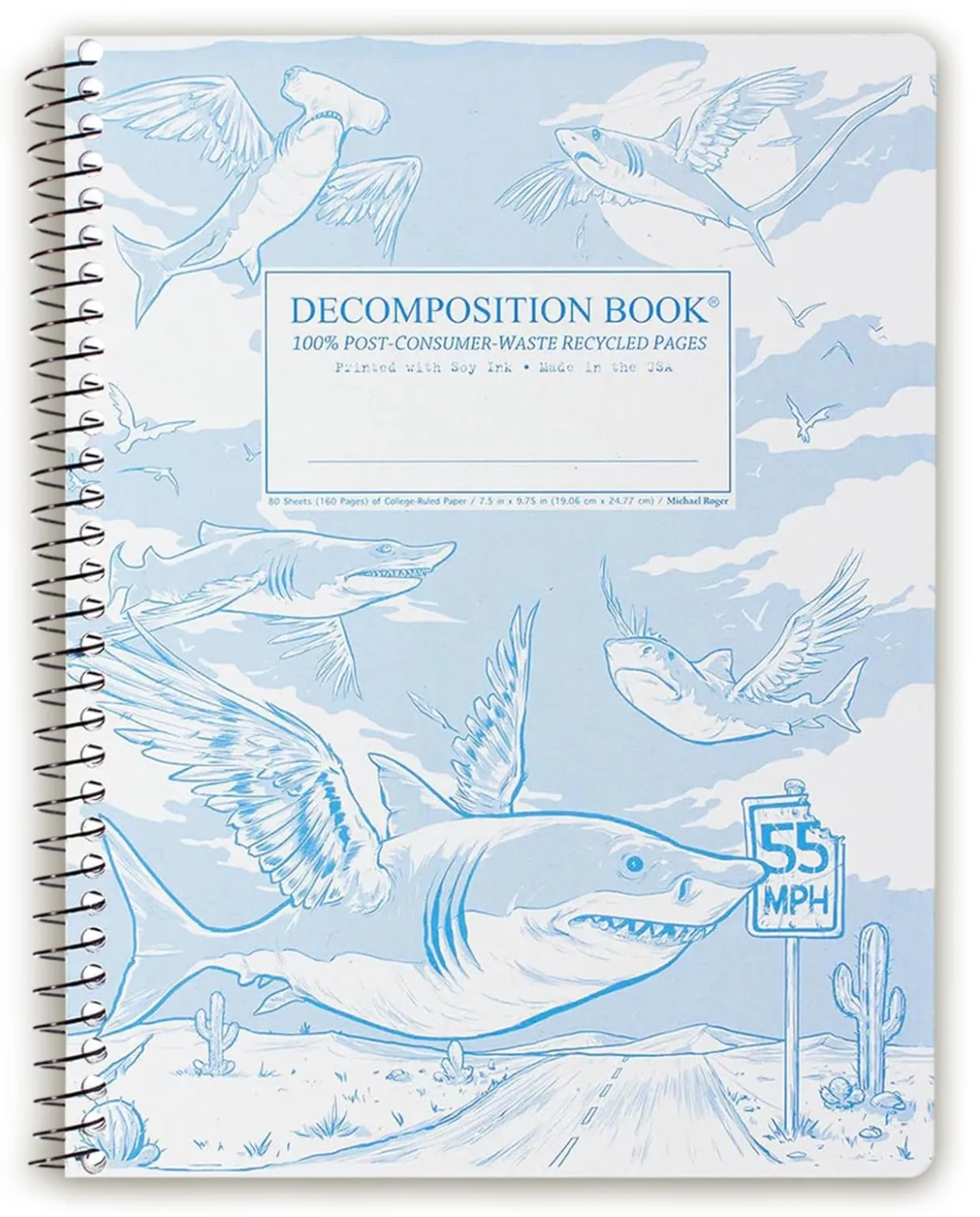 Decomposition Flying Sharks College Ruled Spiral Notebook - 9.75 x 7.5 Journal with 160 Lined Pages - 100% Recycled Paper - Notebooks for School Supplies, Home & Office - Made in USA