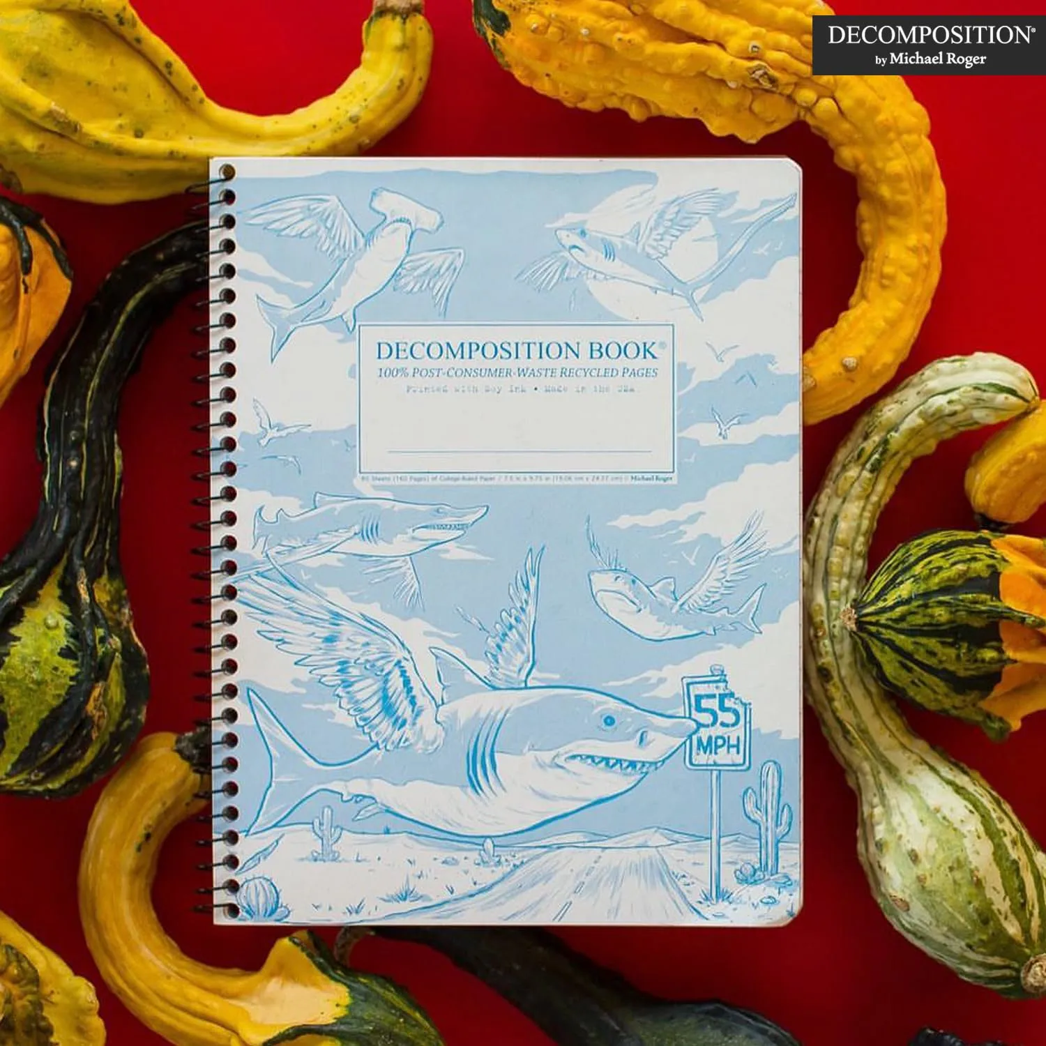 Decomposition Flying Sharks College Ruled Spiral Notebook - 9.75 x 7.5 Journal with 160 Lined Pages - 100% Recycled Paper - Notebooks for School Supplies, Home & Office - Made in USA