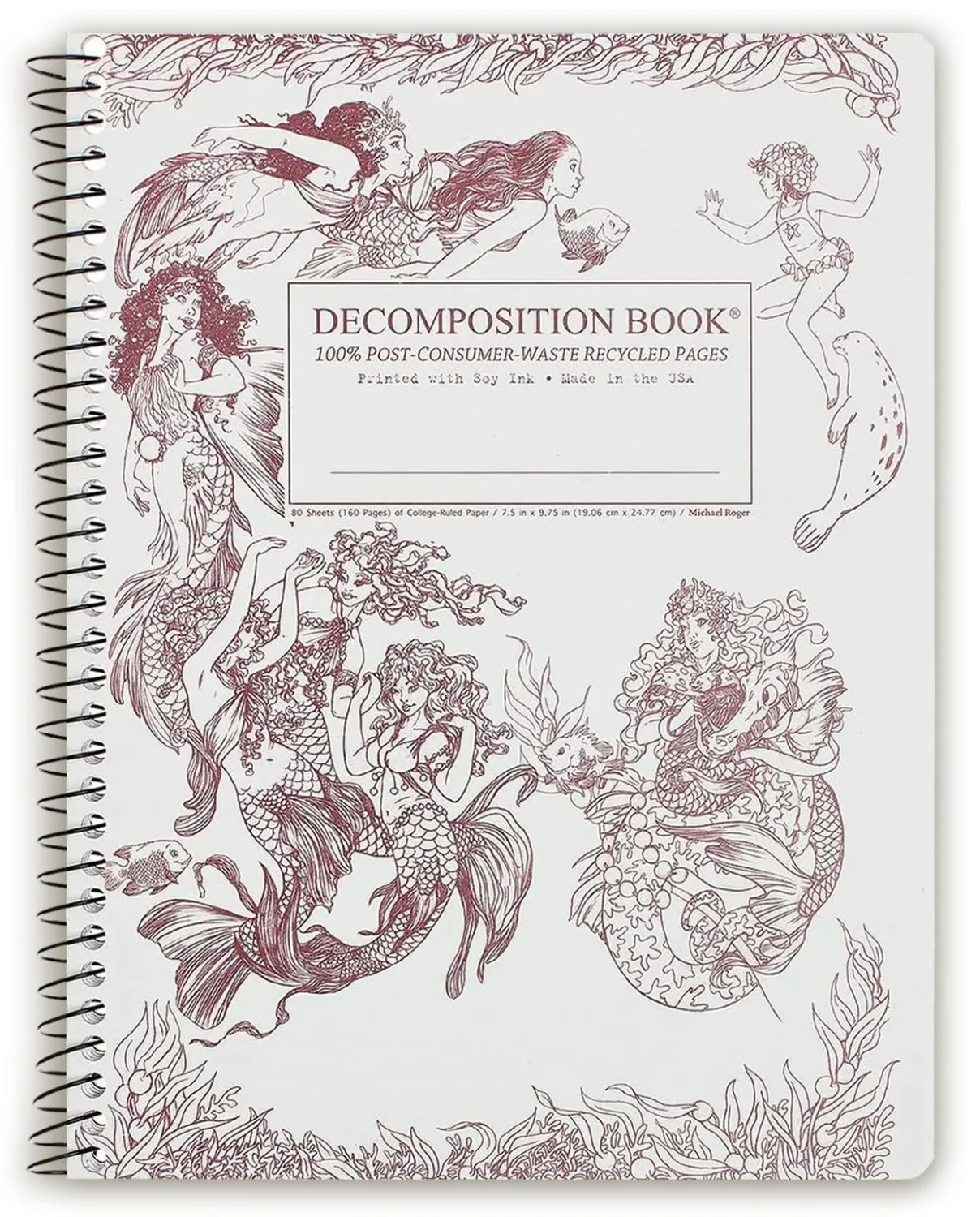 Decomposition Mermaids College Ruled Spiral Notebook - 9.75 x 7.5 Journal with 160 Lined Pages - 100% Recycled Paper - Cute Notebooks for School Supplies, Home & Office - Made in USA