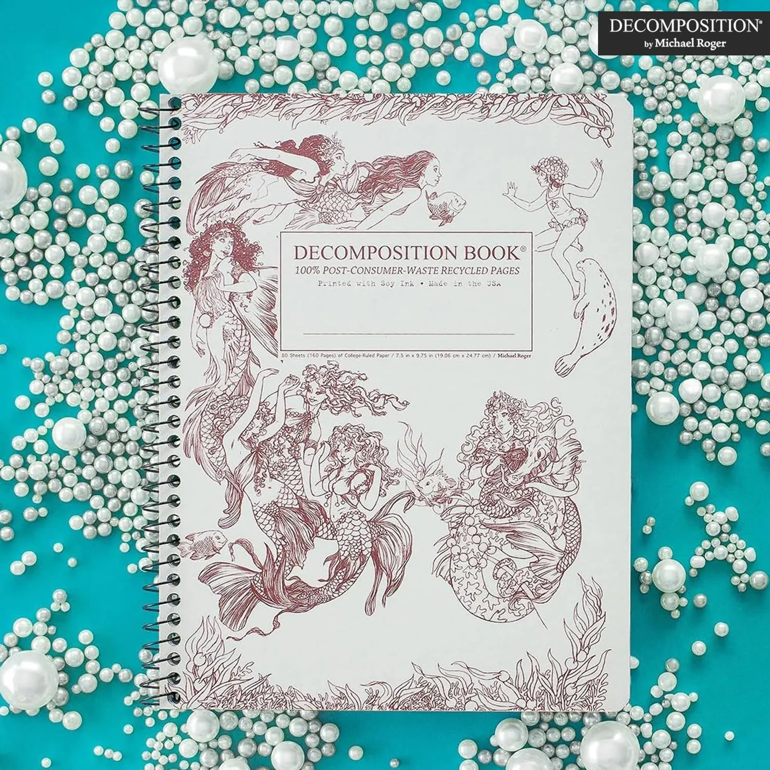 Decomposition Mermaids College Ruled Spiral Notebook - 9.75 x 7.5 Journal with 160 Lined Pages - 100% Recycled Paper - Cute Notebooks for School Supplies, Home & Office - Made in USA