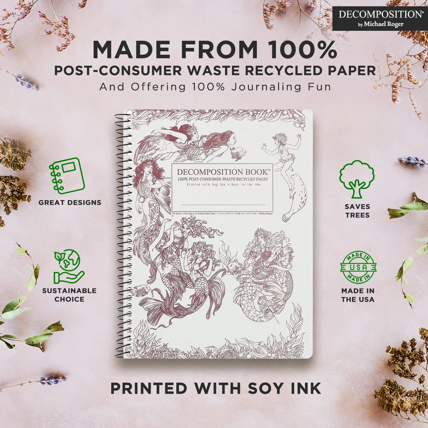 Decomposition Mermaids College Ruled Spiral Notebook - 9.75 x 7.5 Journal with 160 Lined Pages - 100% Recycled Paper - Cute Notebooks for School Supplies, Home & Office - Made in USA