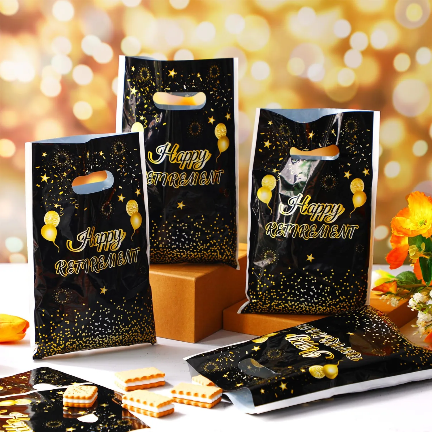 Supervitae 100 Pcs Happy Retirement Plastic Gift Bags Retirement Party Favor Bags Bulk with Handles for Men Women Office Coworker Snacks Goodie Candy Treat Farewell Going Away Party Supplies