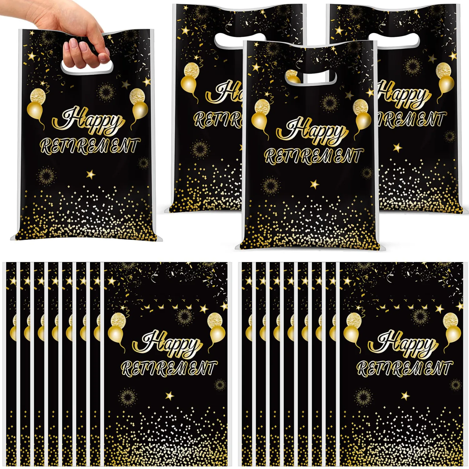 Supervitae 100 Pcs Happy Retirement Plastic Gift Bags Retirement Party Favor Bags Bulk with Handles for Men Women Office Coworker Snacks Goodie Candy Treat Farewell Going Away Party Supplies