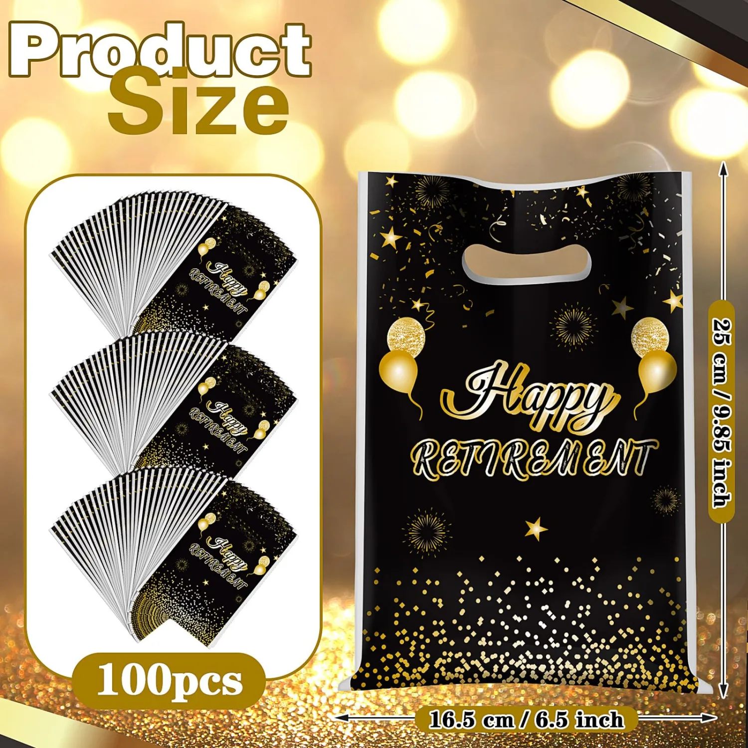Supervitae 100 Pcs Happy Retirement Plastic Gift Bags Retirement Party Favor Bags Bulk with Handles for Men Women Office Coworker Snacks Goodie Candy Treat Farewell Going Away Party Supplies