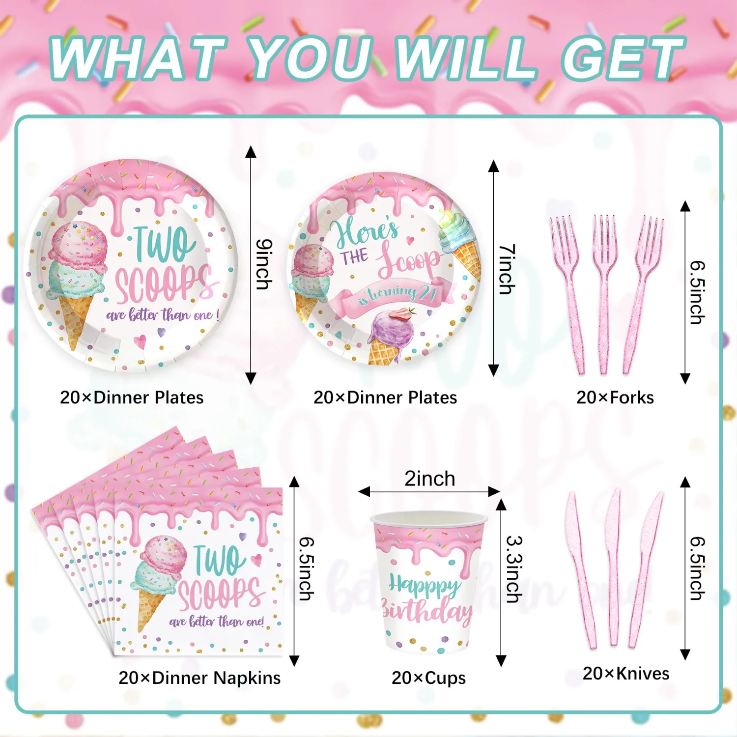 120PCS Summer Ice Cream Themd Party Supplies for Girls 2nd Birthday Two Scoop Are Better Than One Party Decorations Baby Girl Second Birthday Tableware Set Plates Napkins Cups Set for 20 Guests