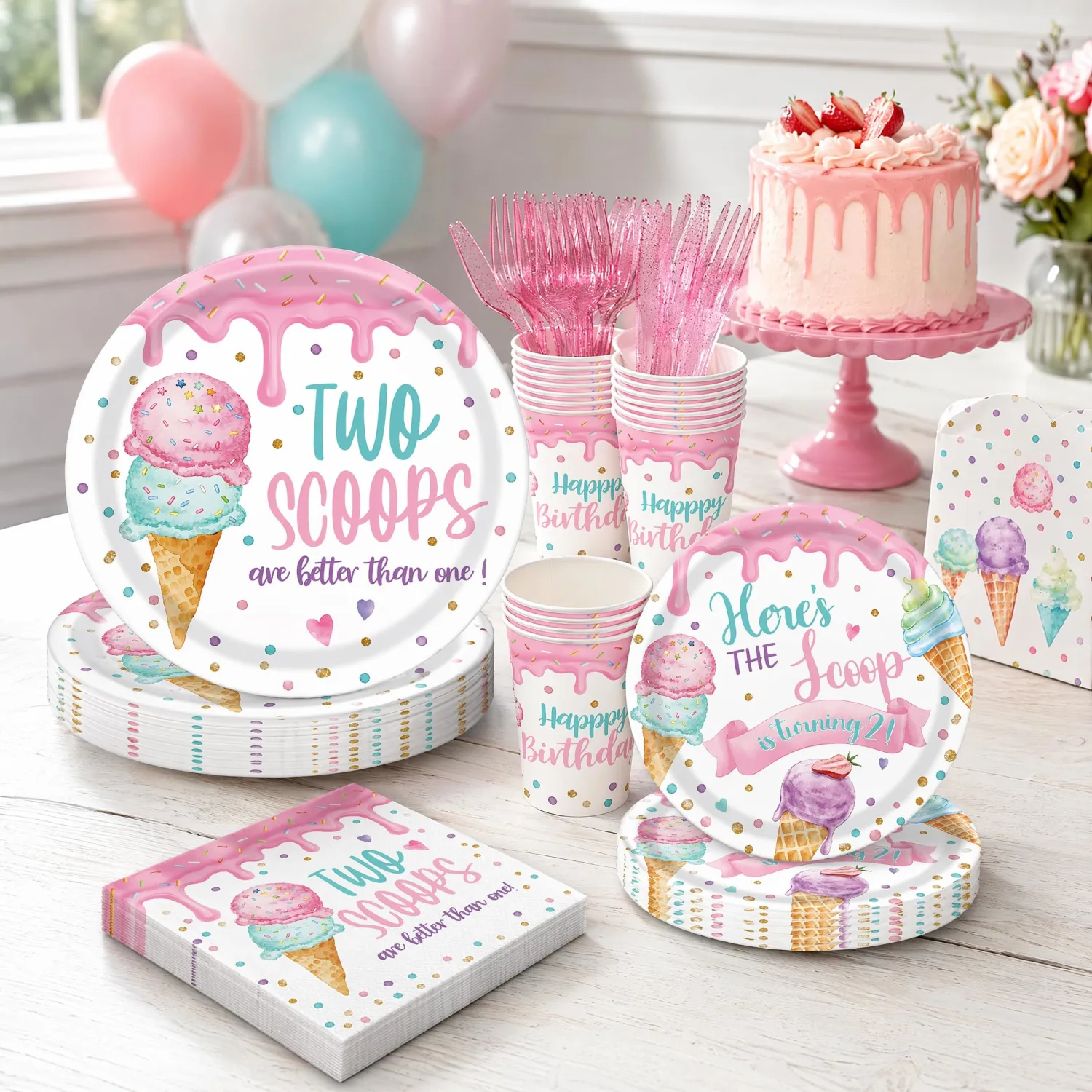 120PCS Summer Ice Cream Themd Party Supplies for Girls 2nd Birthday Two Scoop Are Better Than One Party Decorations Baby Girl Second Birthday Tableware Set Plates Napkins Cups Set for 20 Guests