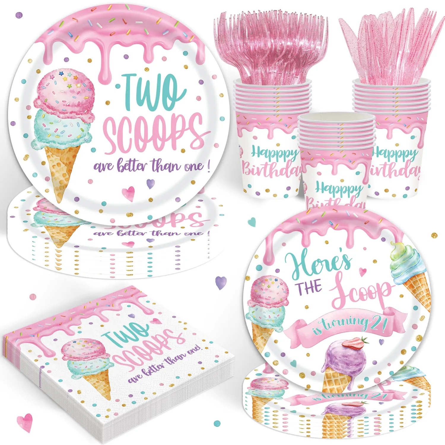 120PCS Summer Ice Cream Themd Party Supplies for Girls 2nd Birthday Two Scoop Are Better Than One Party Decorations Baby Girl Second Birthday Tableware Set Plates Napkins Cups Set for 20 Guests