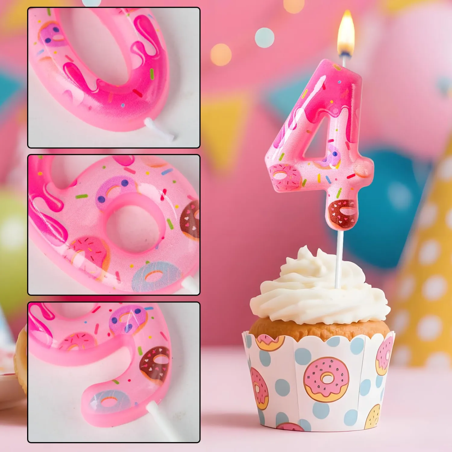 Mauin Donut-Shaped Number Birthday Cake Candles, Pink Frosting Confetti Pattern Party Baking Decorations, Macaron Cake Decorations, Birthday Theme Decorations, Dessert Table Decorations(4)