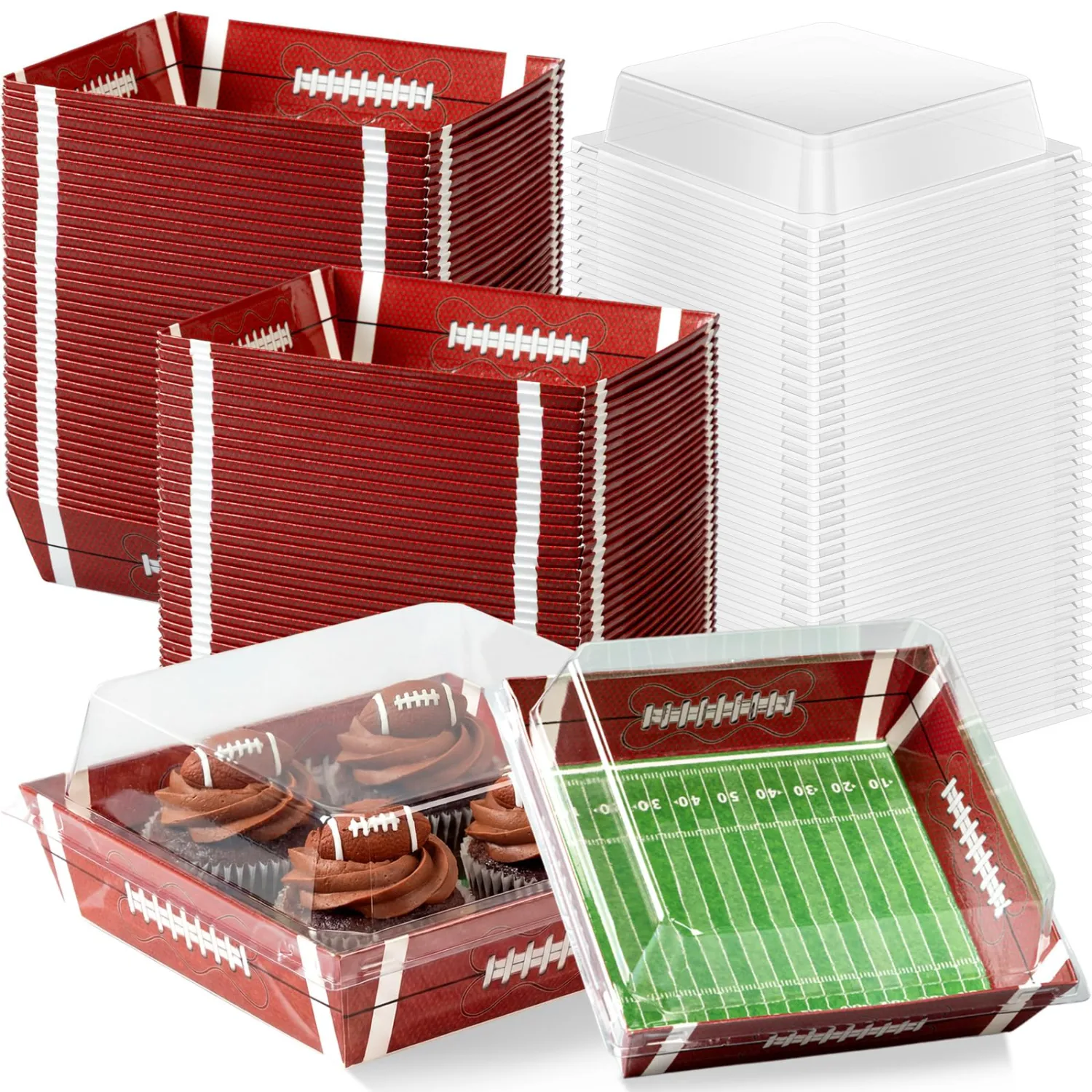 Potchen 50 Pack Charcuterie Boxes with Clear Lids, Disposable Bakery Treat Boxes for Cookies, Candy, Donuts and Cakes, for Partiies Weddings Picnics and Holiday Gift Giving(Football)