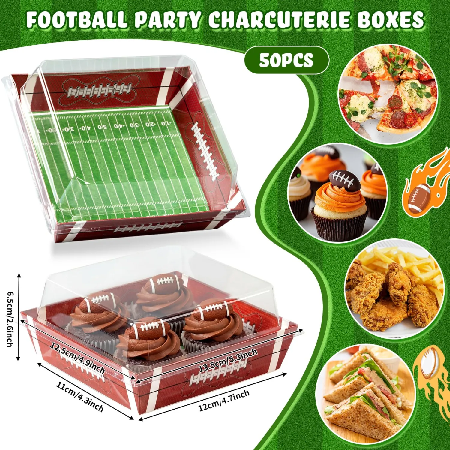 Potchen 50 Pack Charcuterie Boxes with Clear Lids, Disposable Bakery Treat Boxes for Cookies, Candy, Donuts and Cakes, for Partiies Weddings Picnics and Holiday Gift Giving(Football)