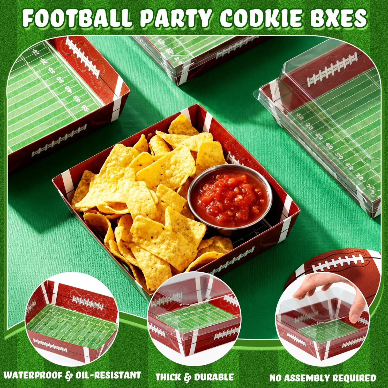 Potchen 50 Pack Charcuterie Boxes with Clear Lids, Disposable Bakery Treat Boxes for Cookies, Candy, Donuts and Cakes, for Partiies Weddings Picnics and Holiday Gift Giving(Football)