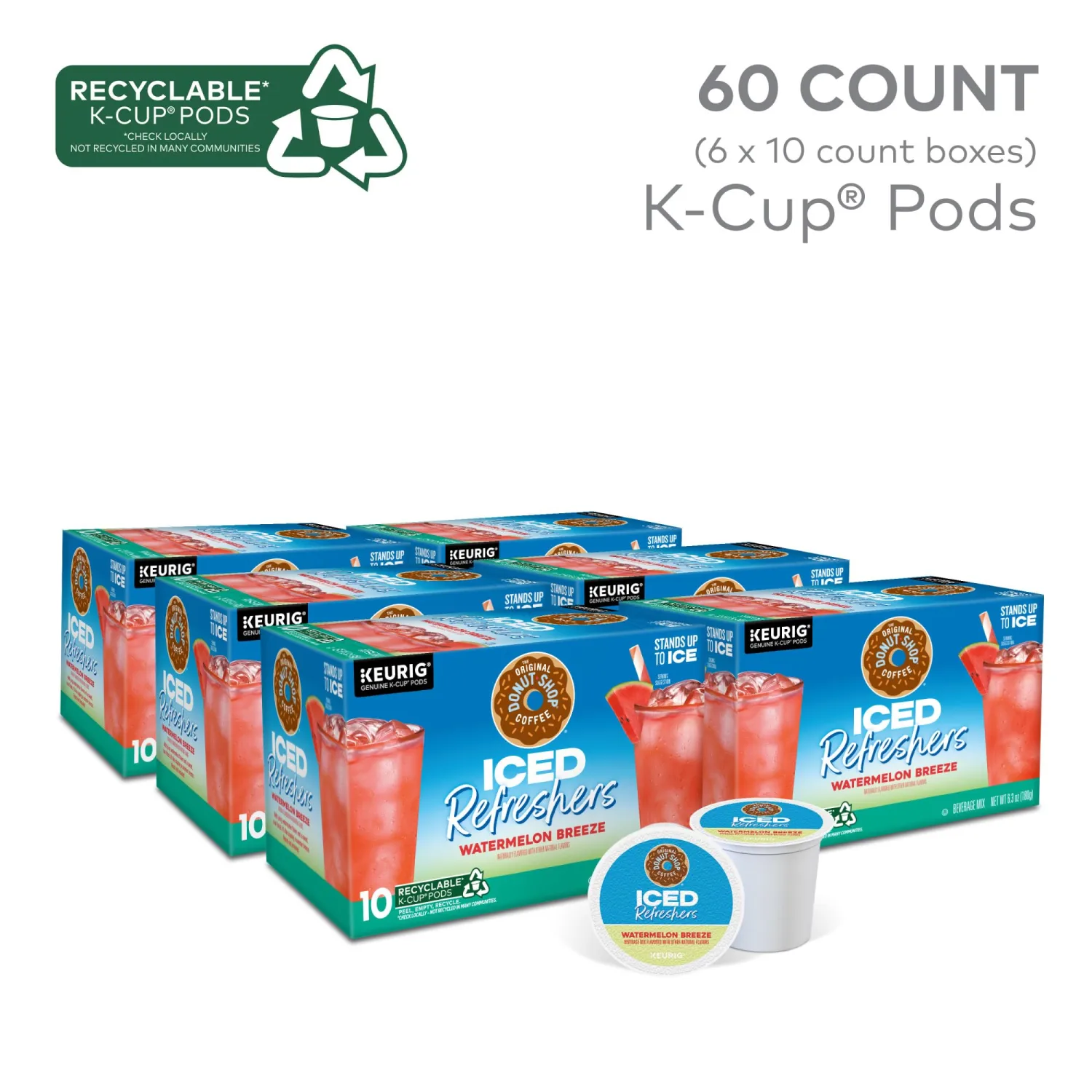 The Original Donut Shop Iced Refreshers, Watermelon Breeze Flavor, Keurig Single Serve K-Cup Pods, Brew Over Ice, 60 Count (6 Packs of 10)
