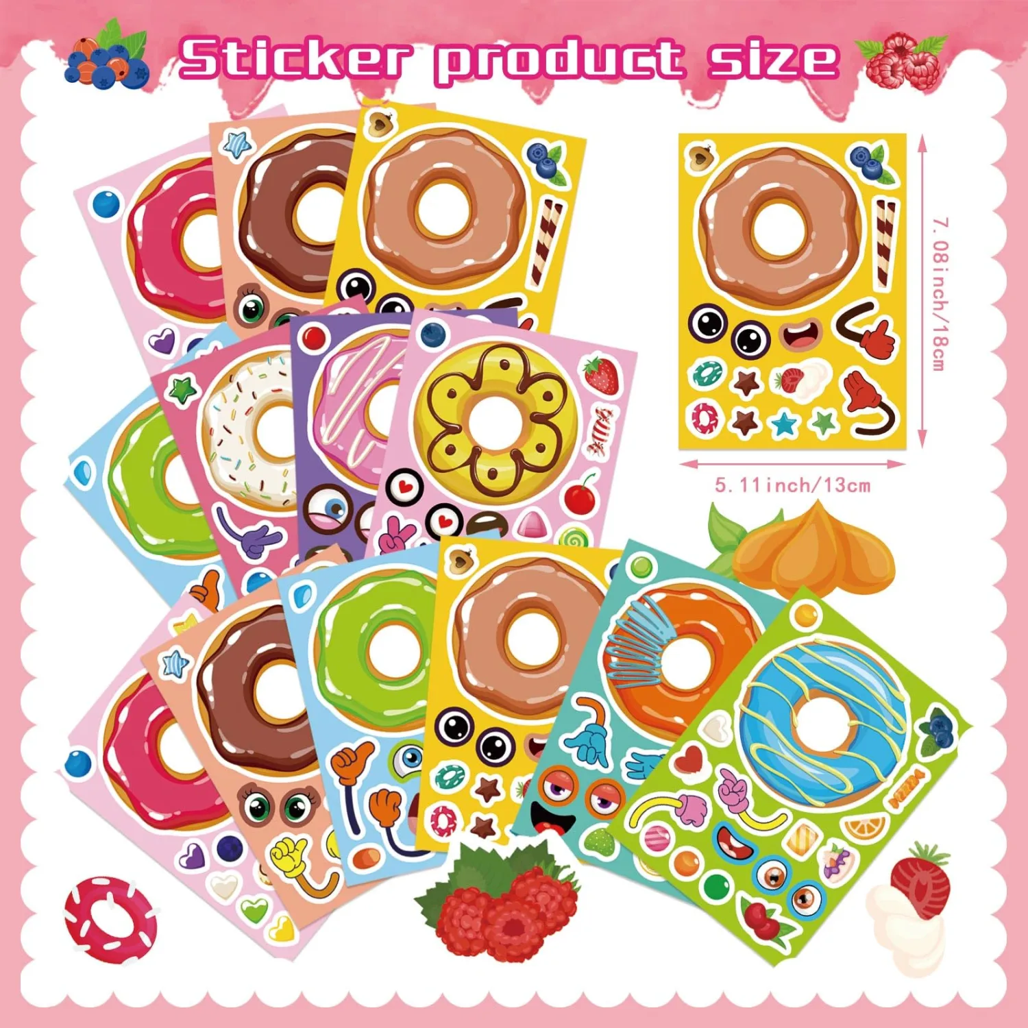 27 Sheets Donut Stickers for Kids, Make a Donut Face Stickers, Make Your Own Donut Sticker Mix and Match Sweets and Treats Fruit, Birthday Gifts DIY Art Crafts Donut Party Decoration Teacher Reward