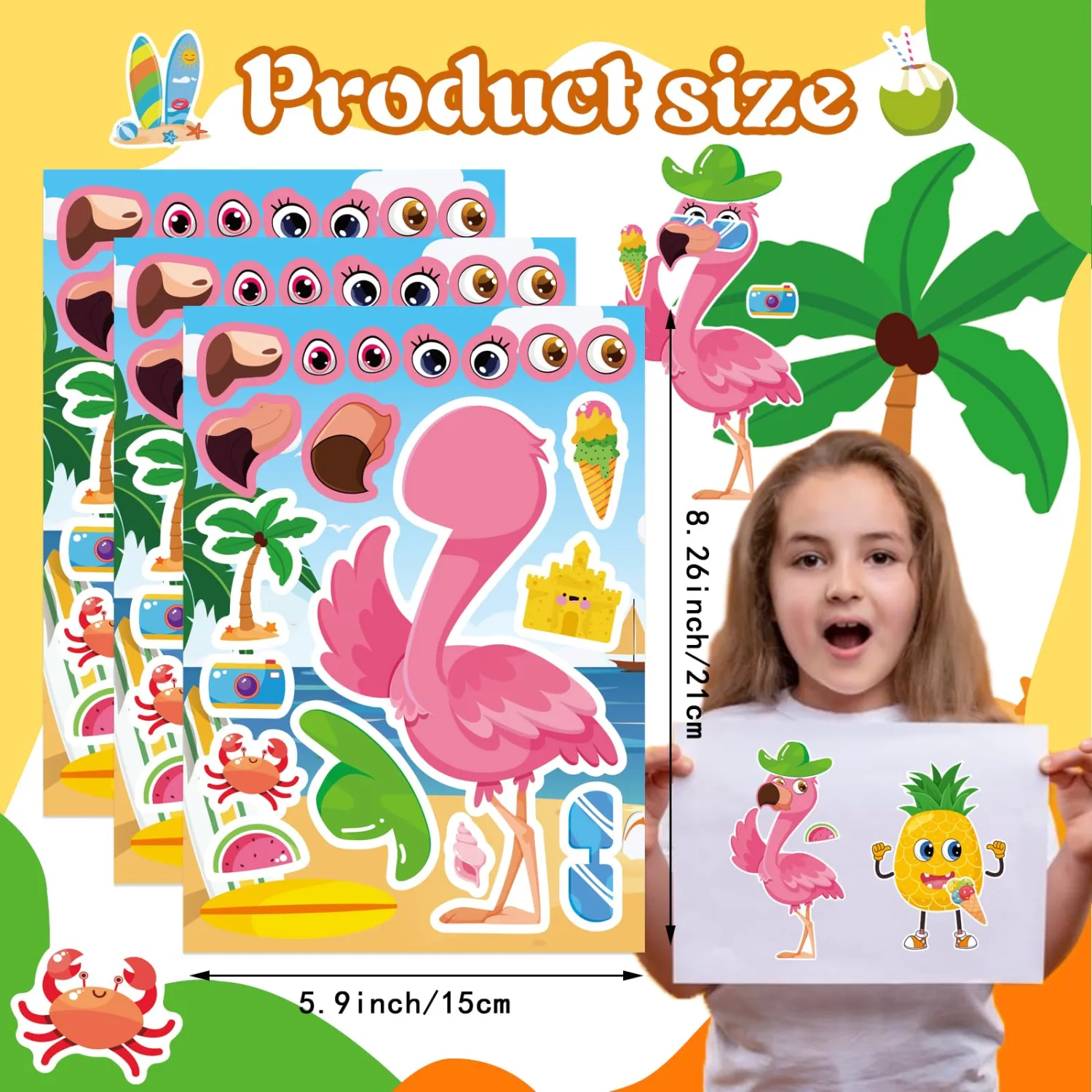 24 Sheets Summer Stickers, Make a Face Sticker Hawaii Tropical Pool Beach Stickers, Make Your Own Watermelon Pineapple Flamingo Sticker for Tropical Luau Party, Summer Holiday Party Favors