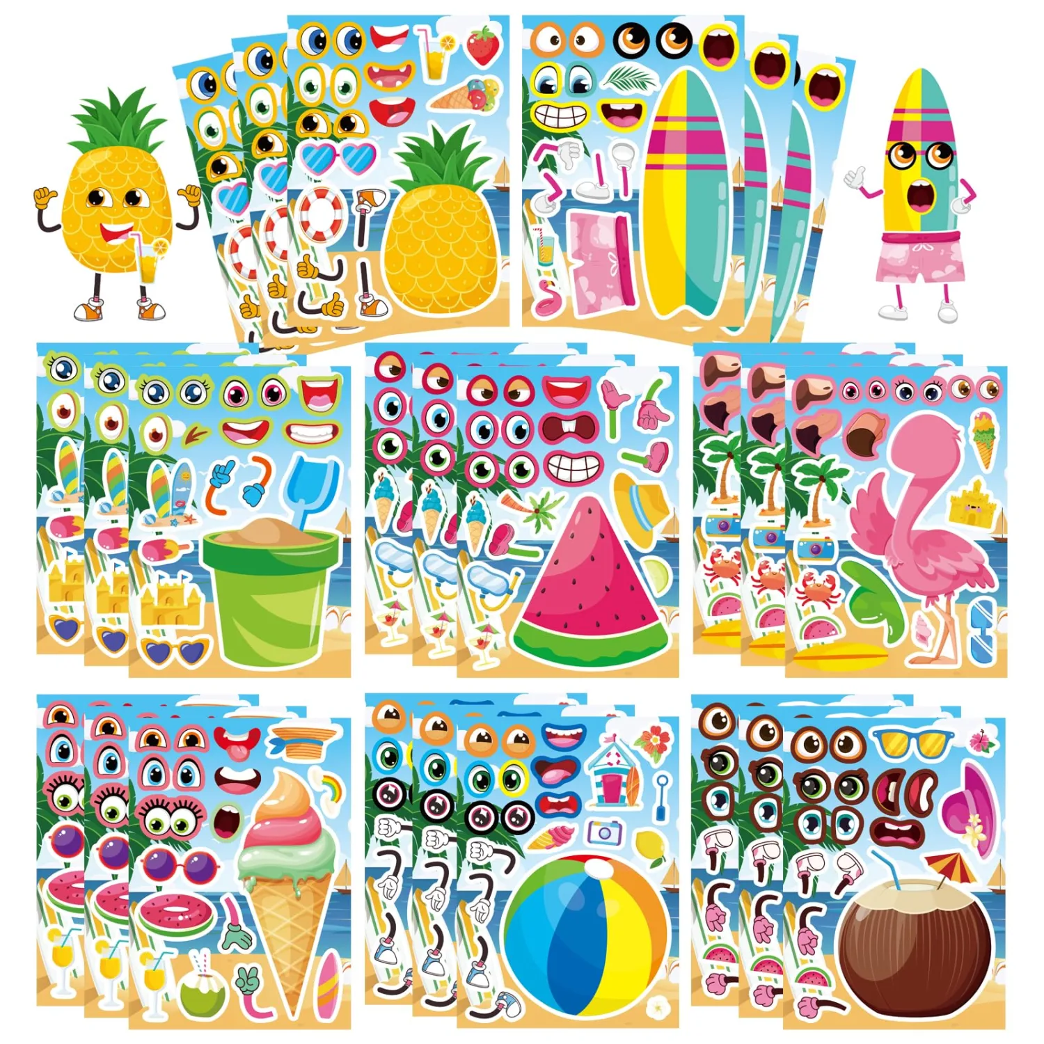 24 Sheets Summer Stickers, Make a Face Sticker Hawaii Tropical Pool Beach Stickers, Make Your Own Watermelon Pineapple Flamingo Sticker for Tropical Luau Party, Summer Holiday Party Favors