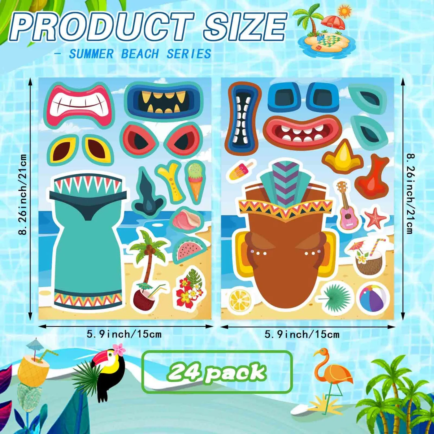24 Sheets Summer Stickers for Kids, Tiki Make a Face Stickers, Tropical Hawaiian Sticker Make Your Own Tiki Sticker, Summer Luau Party Favors Decoration
