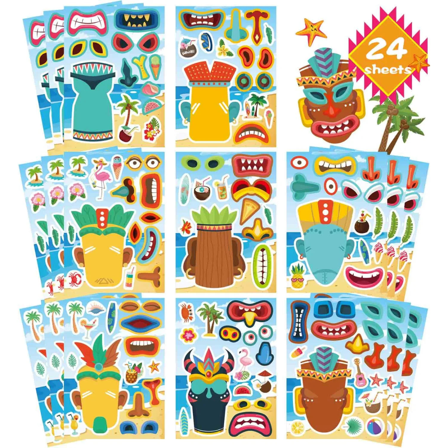24 Sheets Summer Stickers for Kids, Tiki Make a Face Stickers, Tropical Hawaiian Sticker Make Your Own Tiki Sticker, Summer Luau Party Favors Decoration