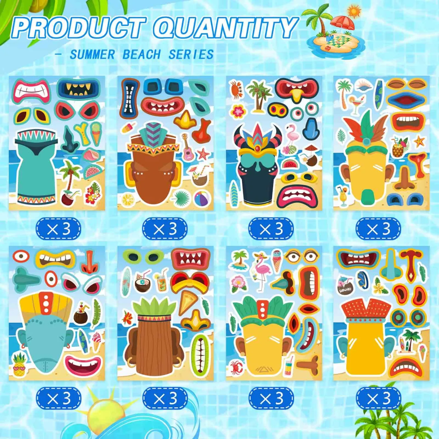 24 Sheets Summer Stickers for Kids, Tiki Make a Face Stickers, Tropical Hawaiian Sticker Make Your Own Tiki Sticker, Summer Luau Party Favors Decoration