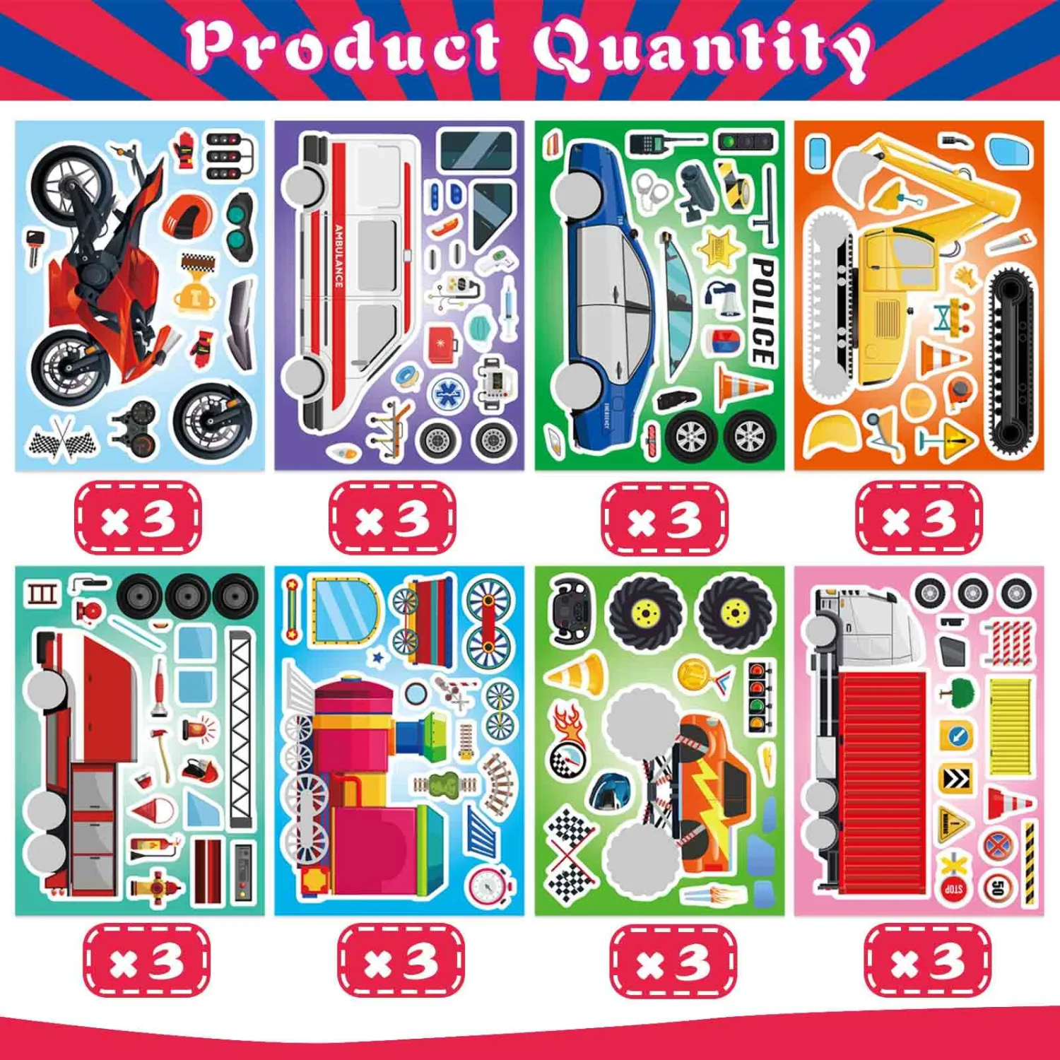 24 Sheets Vehicle Stickers for Kids, Make Your Own Police Cars, Ambulances, Trucks, Trains, Motorcycles Engineering Transportation Stickers, Brithday Party Supplies Classroom Teacher Reward