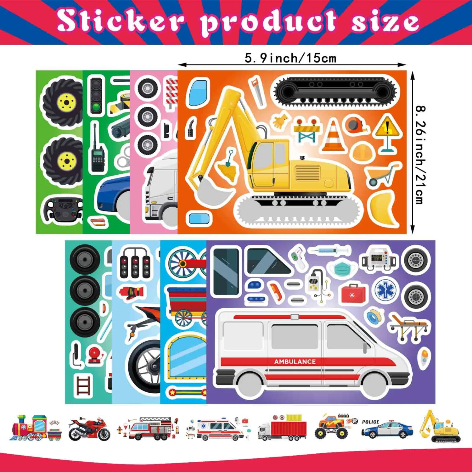 24 Sheets Vehicle Stickers for Kids, Make Your Own Police Cars, Ambulances, Trucks, Trains, Motorcycles Engineering Transportation Stickers, Brithday Party Supplies Classroom Teacher Reward