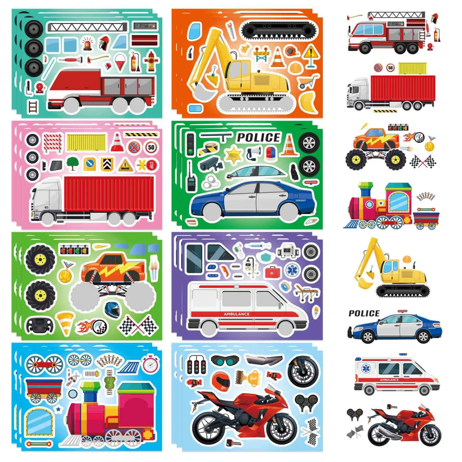 24 Sheets Vehicle Stickers for Kids, Make Your Own Police Cars, Ambulances, Trucks, Trains, Motorcycles Engineering Transportation Stickers, Brithday Party Supplies Classroom Teacher Reward