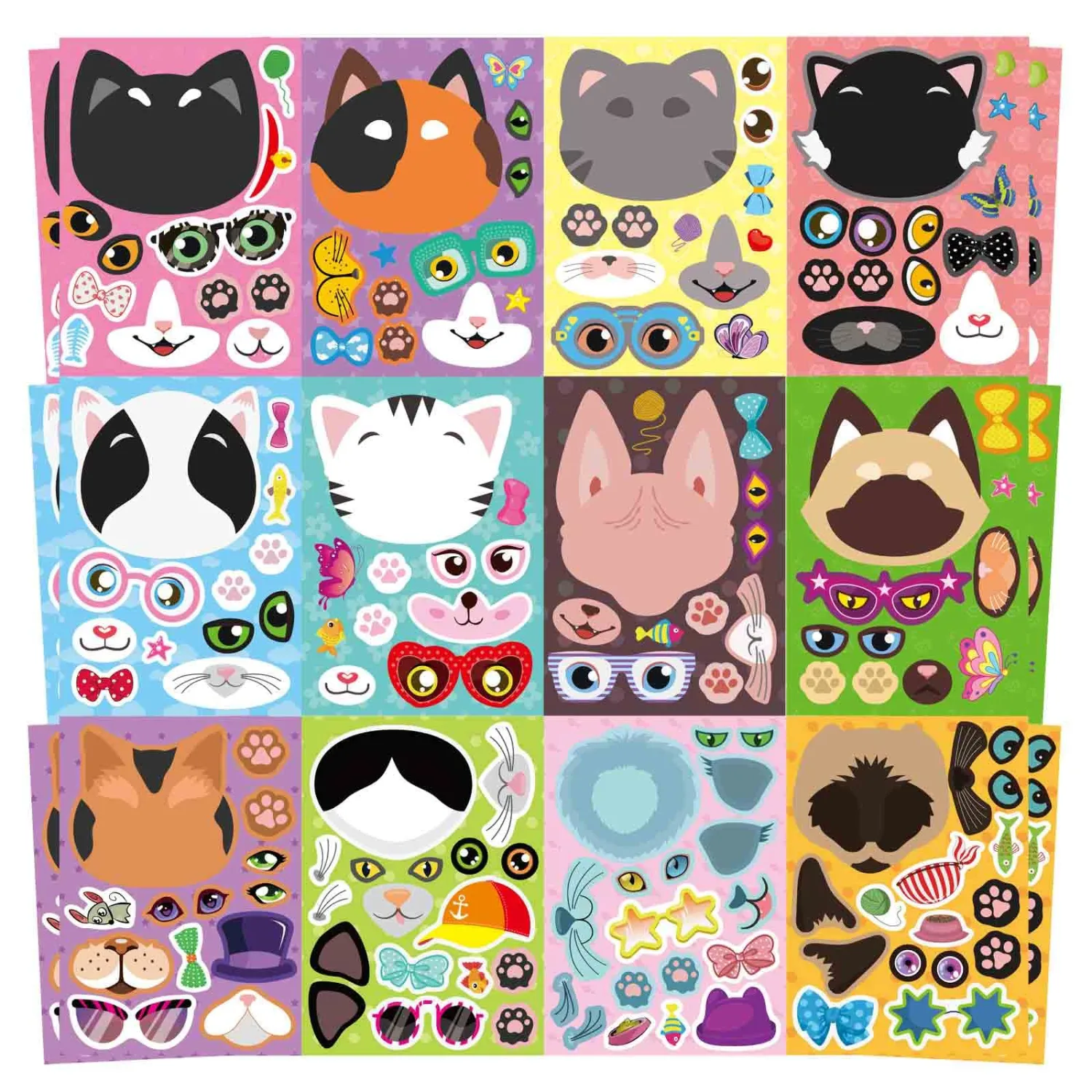 24 Sheets Cat Stickers for Kids, Make-a-Face Stickers Make Your Own Cat Stickers, Animal Sticker for Kids 3-5, Brithday Gift Party Favors, Classroom Teacher Reward Craft