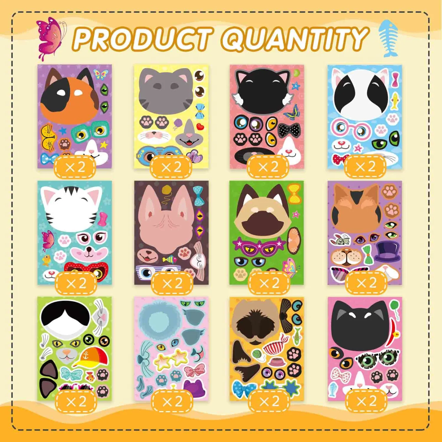 24 Sheets Cat Stickers for Kids, Make-a-Face Stickers Make Your Own Cat Stickers, Animal Sticker for Kids 3-5, Brithday Gift Party Favors, Classroom Teacher Reward Craft
