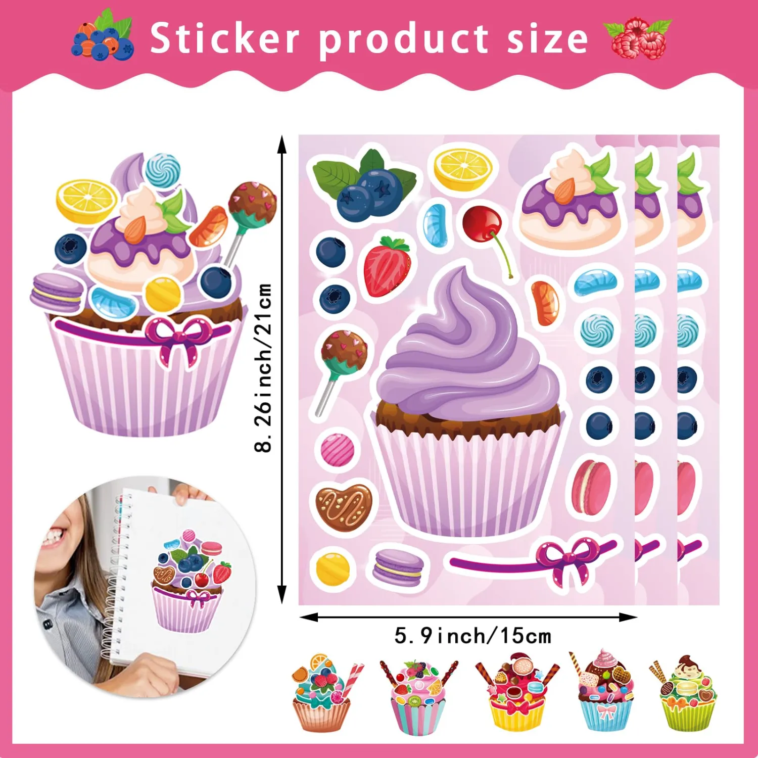 24 Sheets Make Your Own Cupcake Stickers for Kids - Make-a-Face Sticker, Dessert Stickers Mix and Match Sweets Fruit & Teacher Reward Supplies, Birthday Gifts
